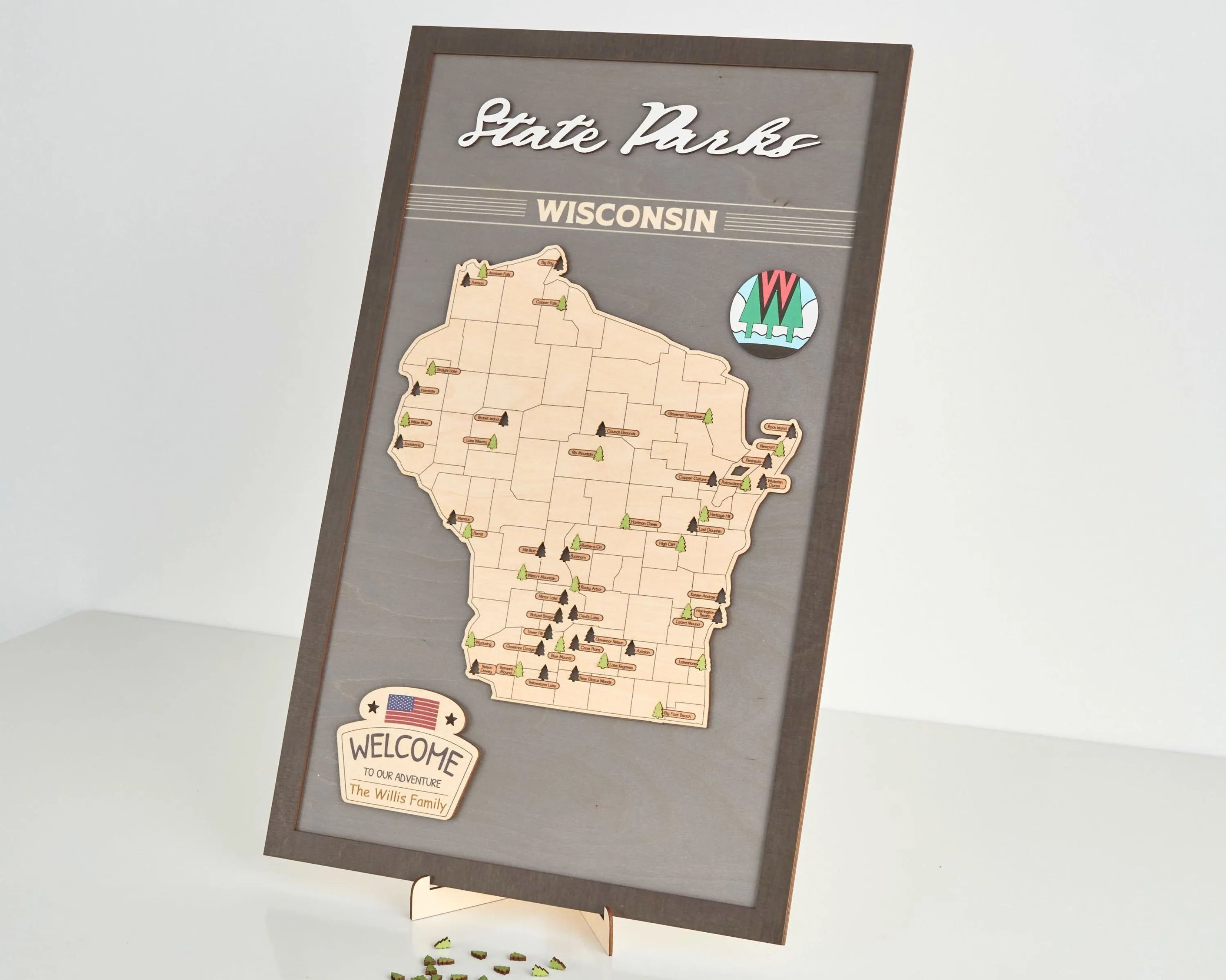 US Wooden Wisconsin State Parks Map With Trees To Record Park Visits (Light Grey)