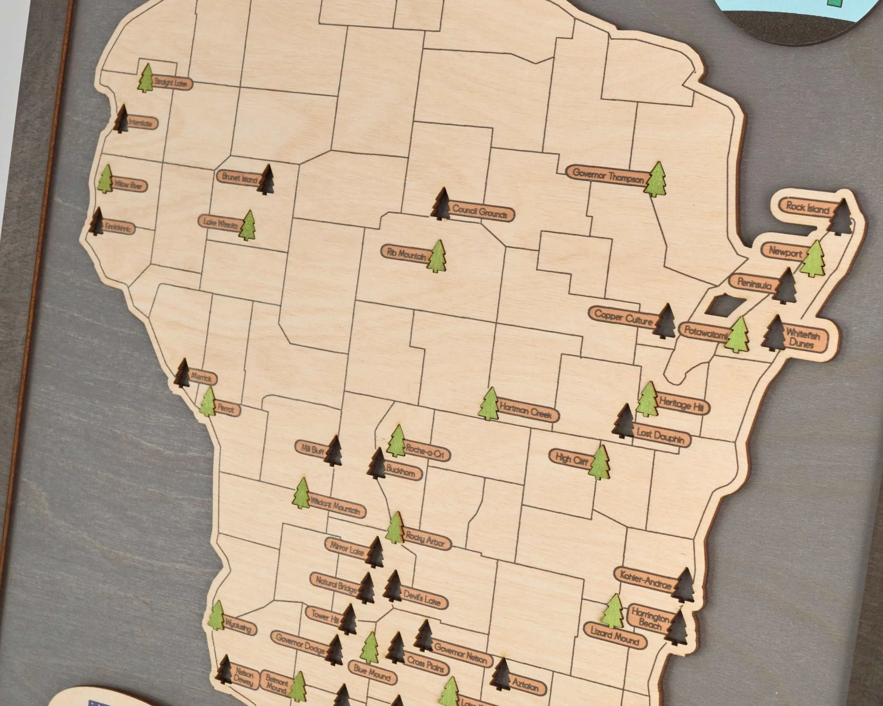 US Wooden Wisconsin State Parks Map With Trees To Record Park Visits (Light Grey)