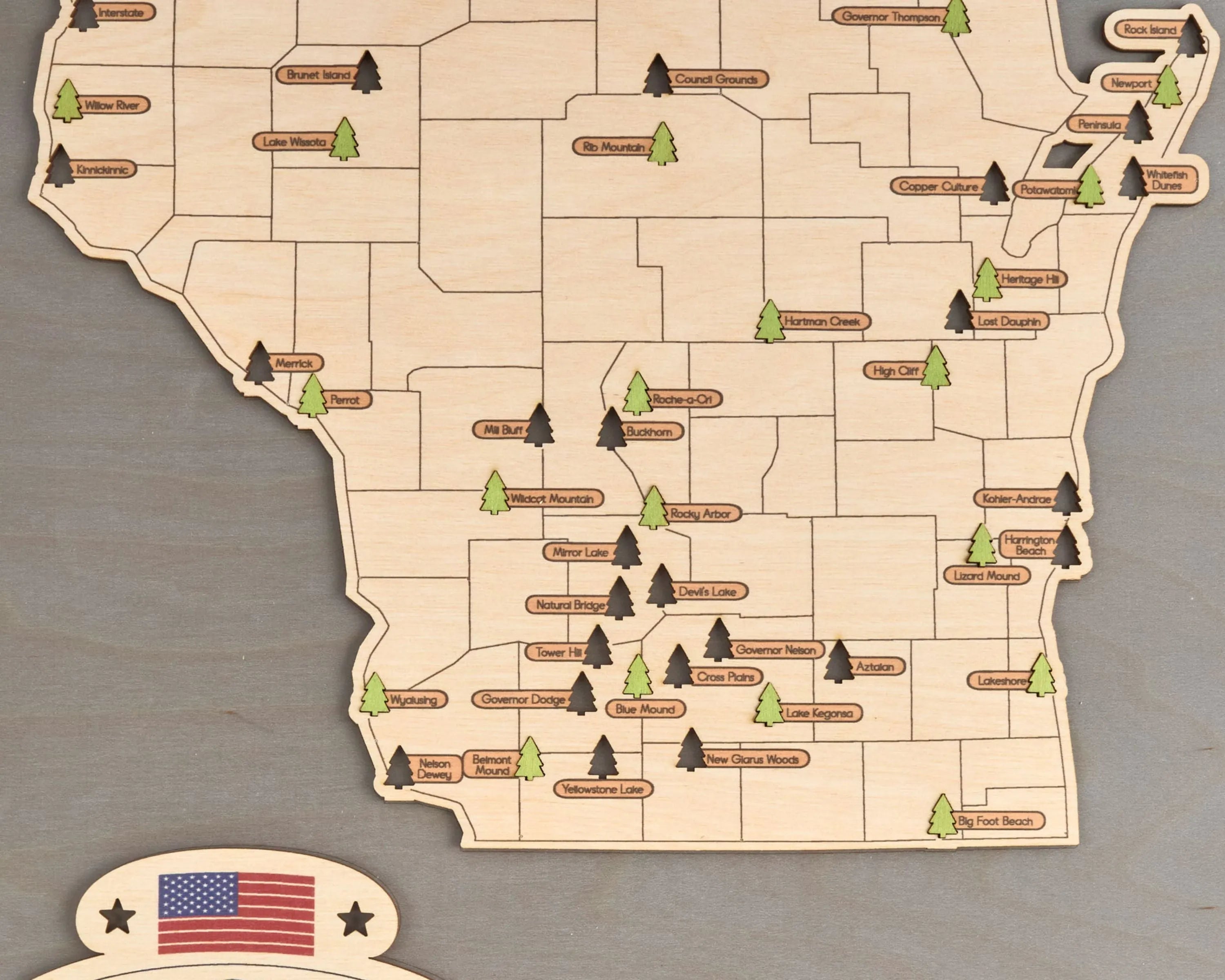 US Wooden Wisconsin State Parks Map With Trees To Record Park Visits (Light Grey)