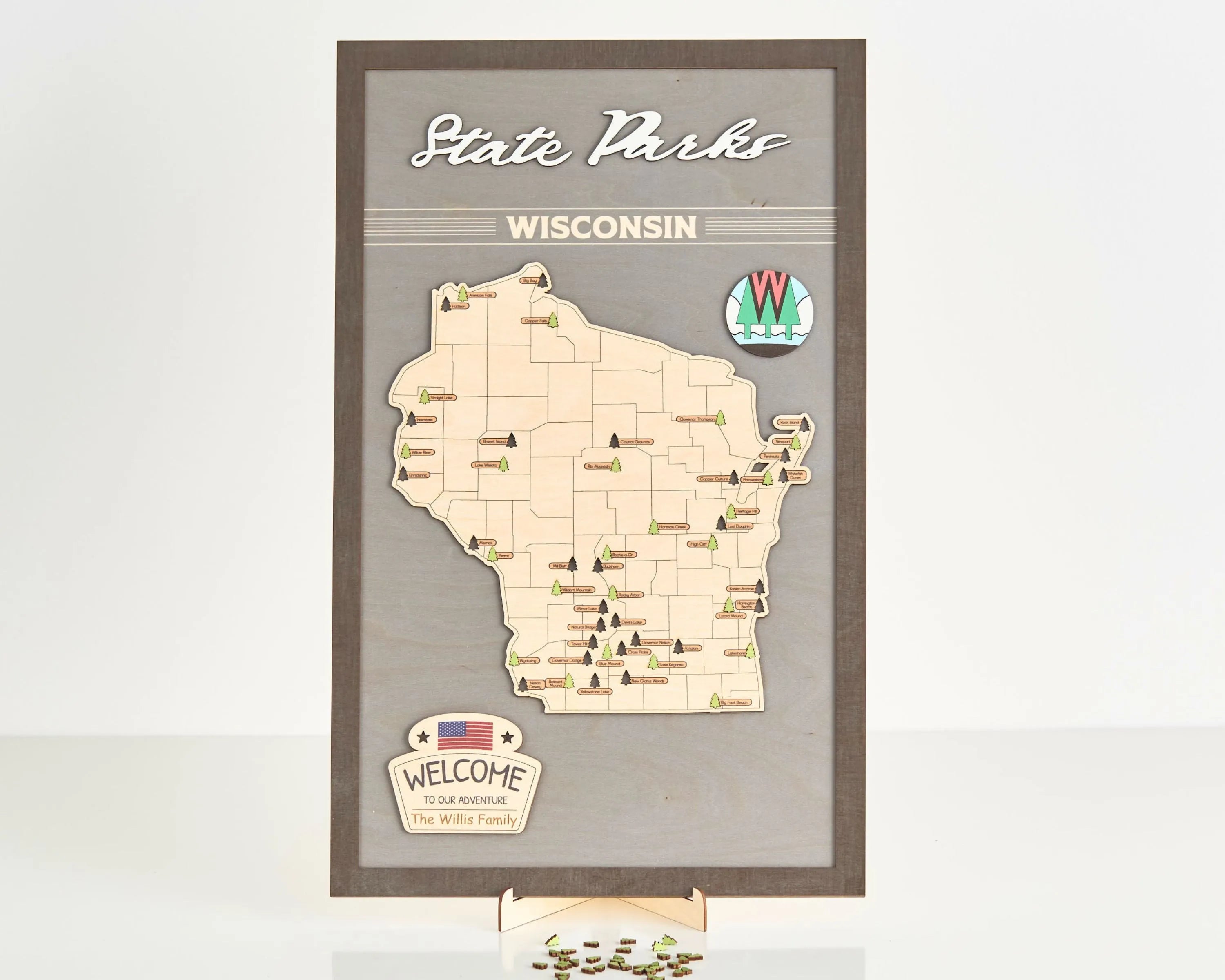 US Wooden Wisconsin State Parks Map With Trees To Record Park Visits (Light Grey)