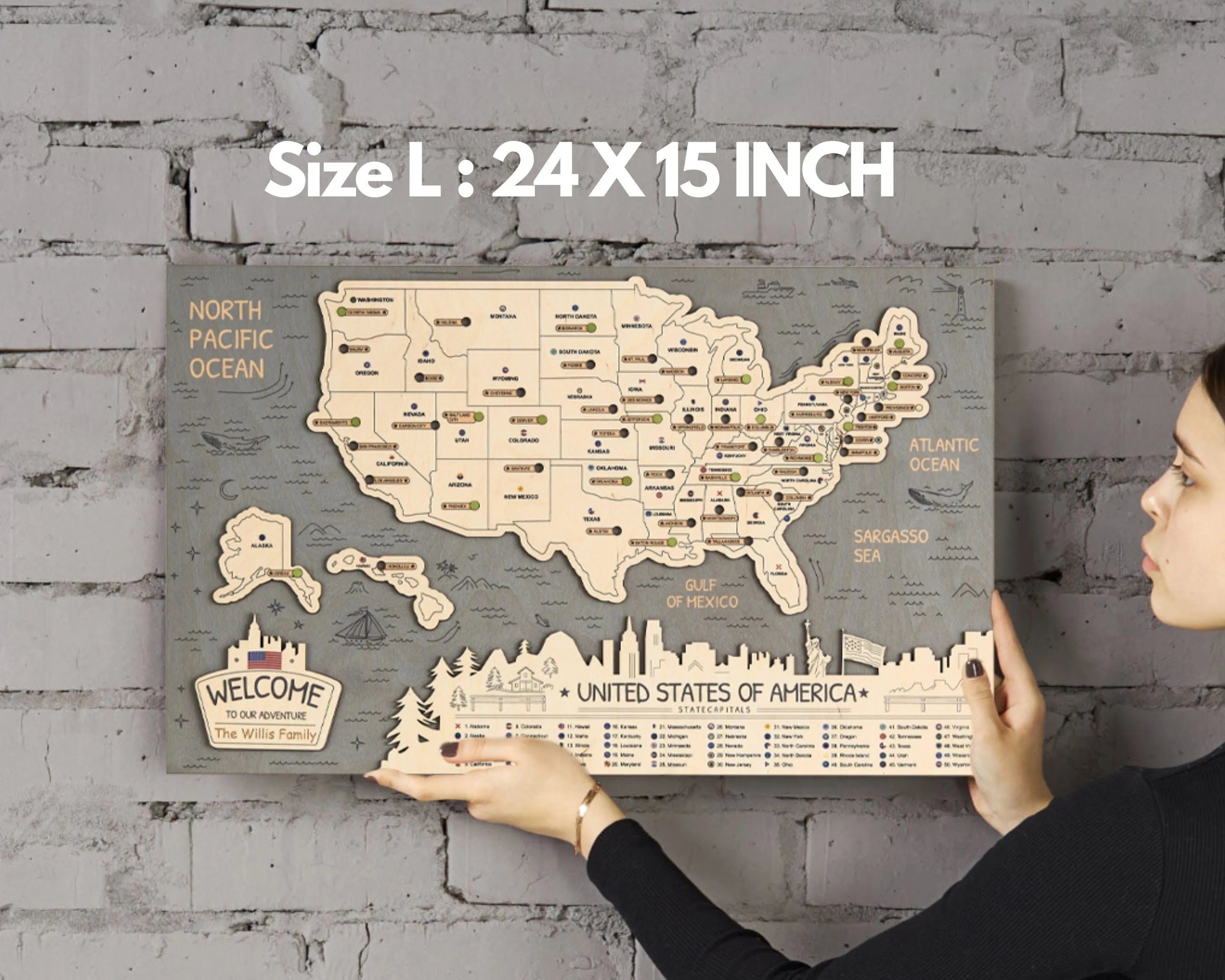 US 3D State Capitals Wooden Travel Map To Record Visits (New Grey