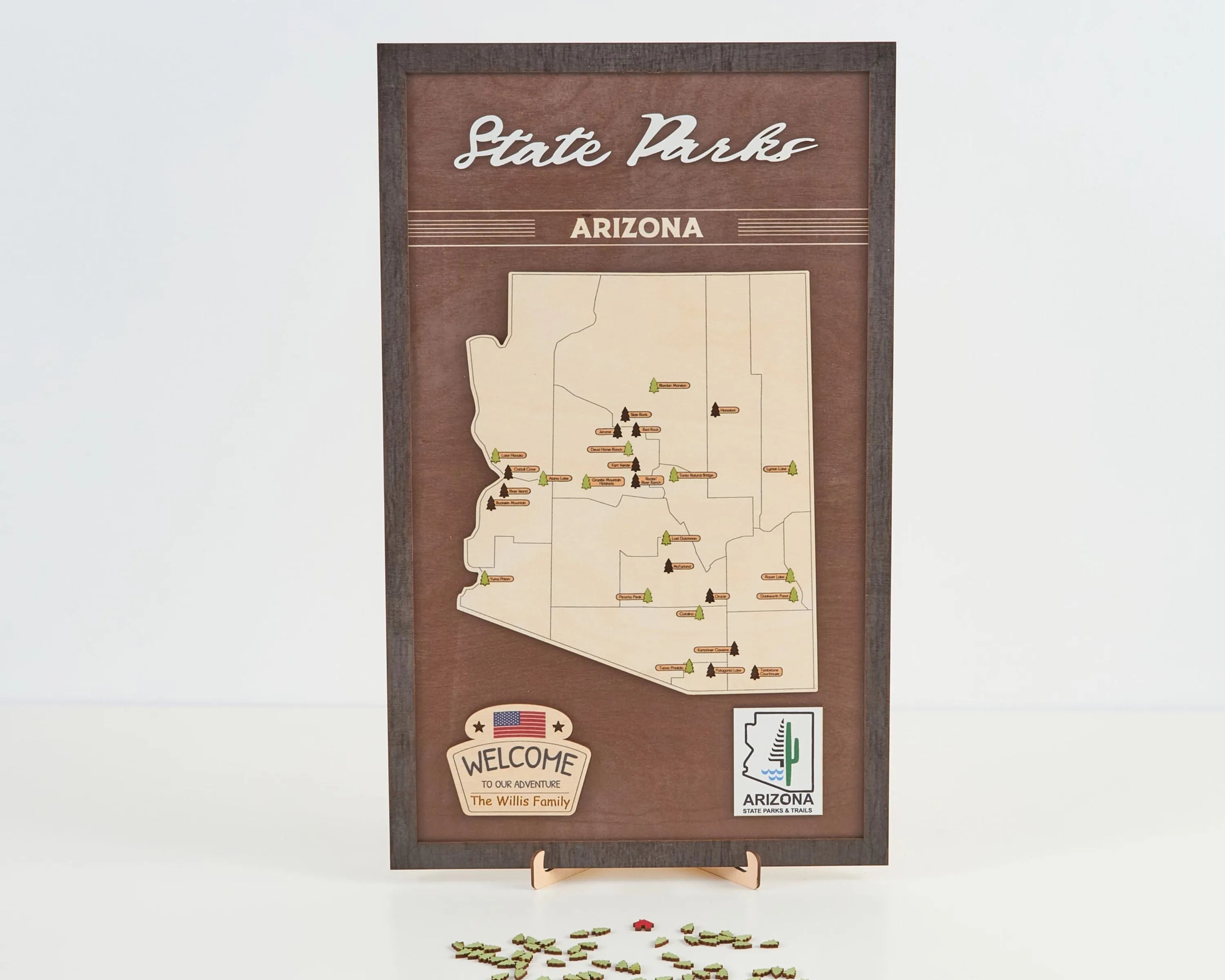 US Wooden Arizona State Parks Map With Trees To Record Park Visits (Coffee)