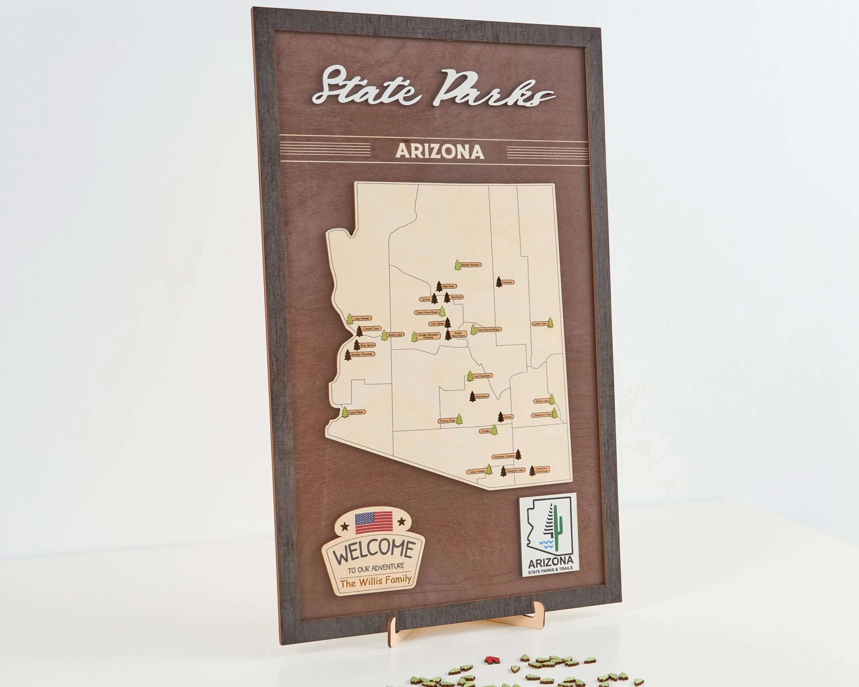 US Wooden Arizona State Parks Map With Trees To Record Park Visits (Coffee)