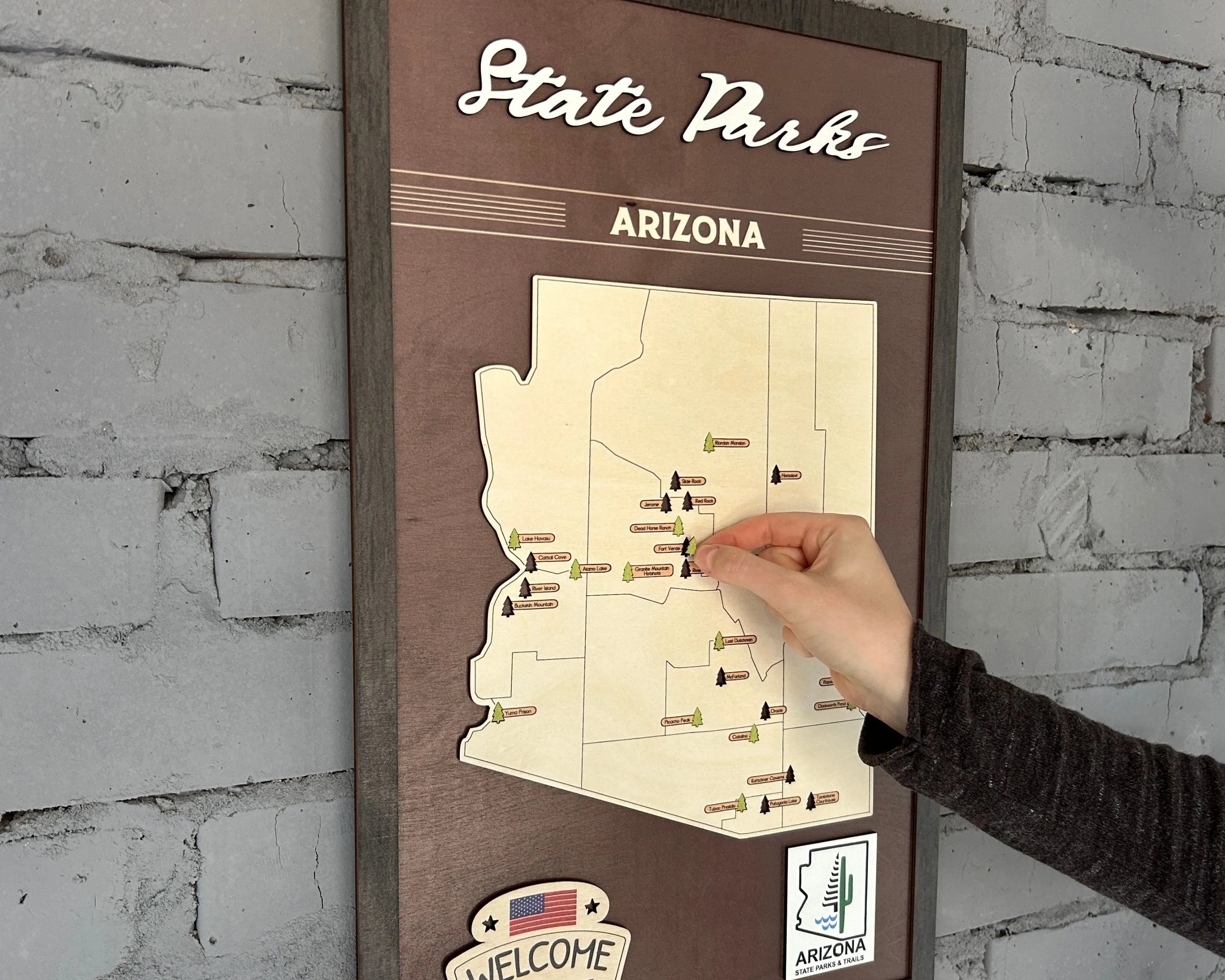 US Wooden Arizona State Parks Map With Trees To Record Park Visits (Coffee)
