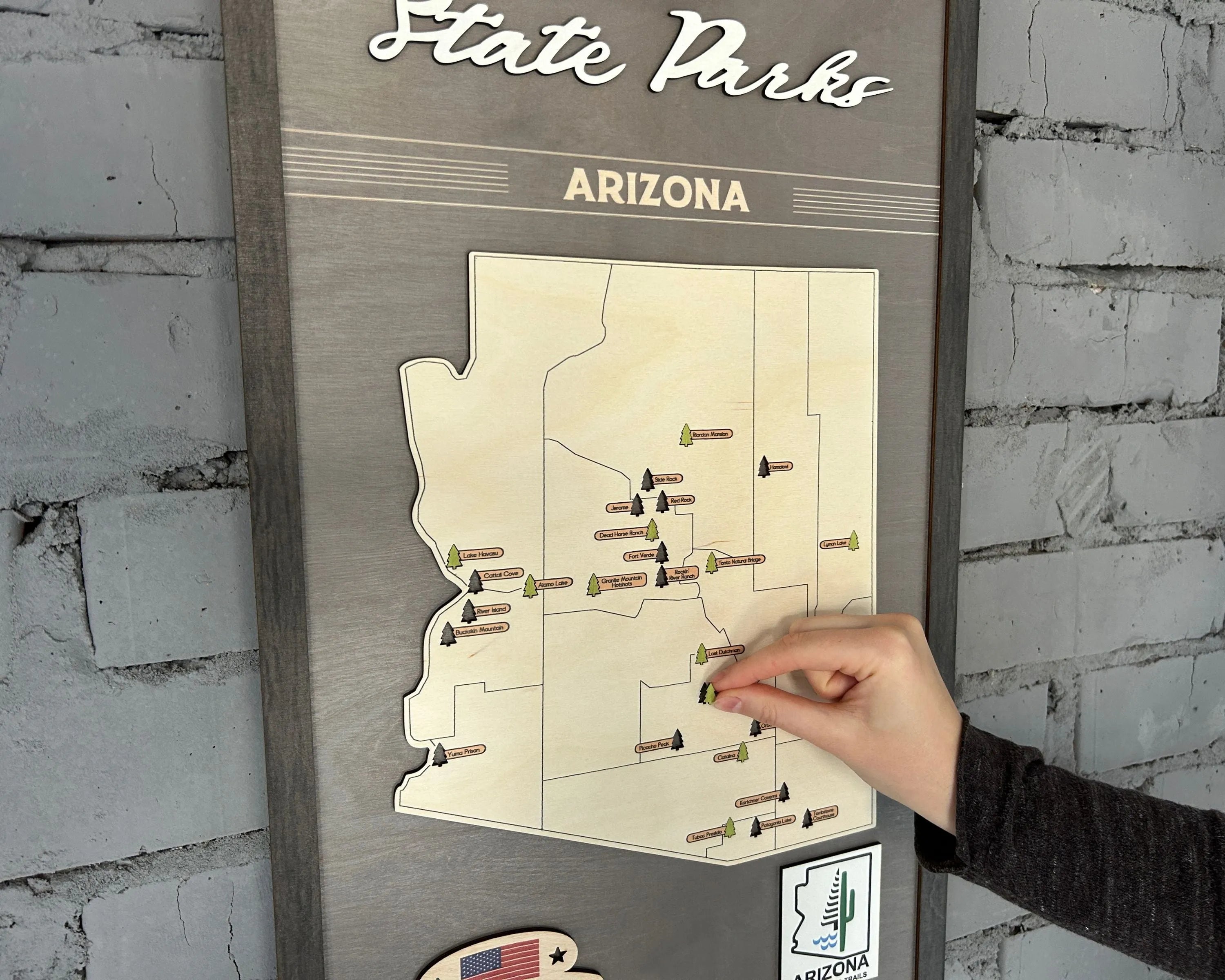 US Wooden Arizona State Parks Map With Trees To Record Park Visits (Light Grey)