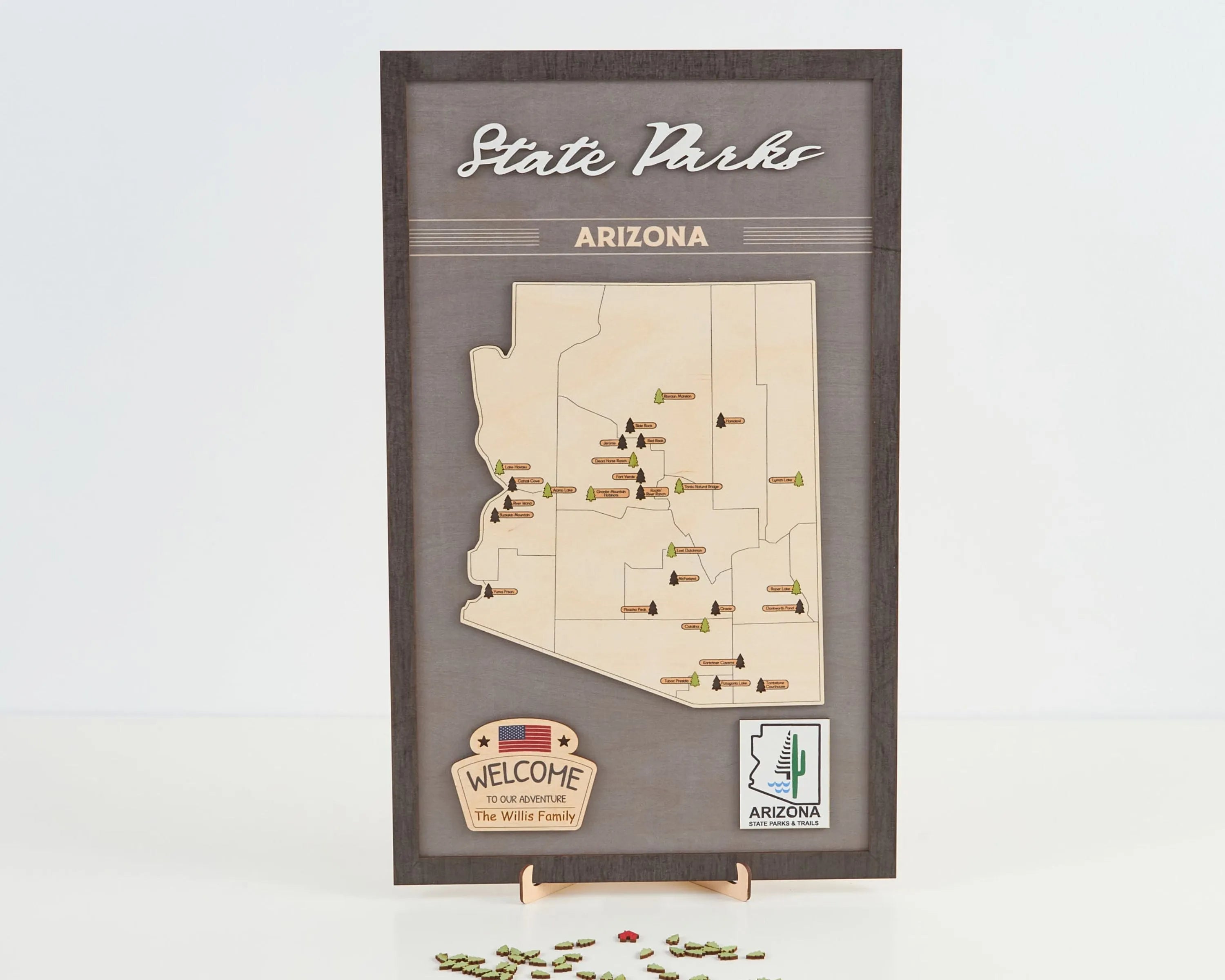 US Wooden Arizona State Parks Map With Trees To Record Park Visits (Light Grey)