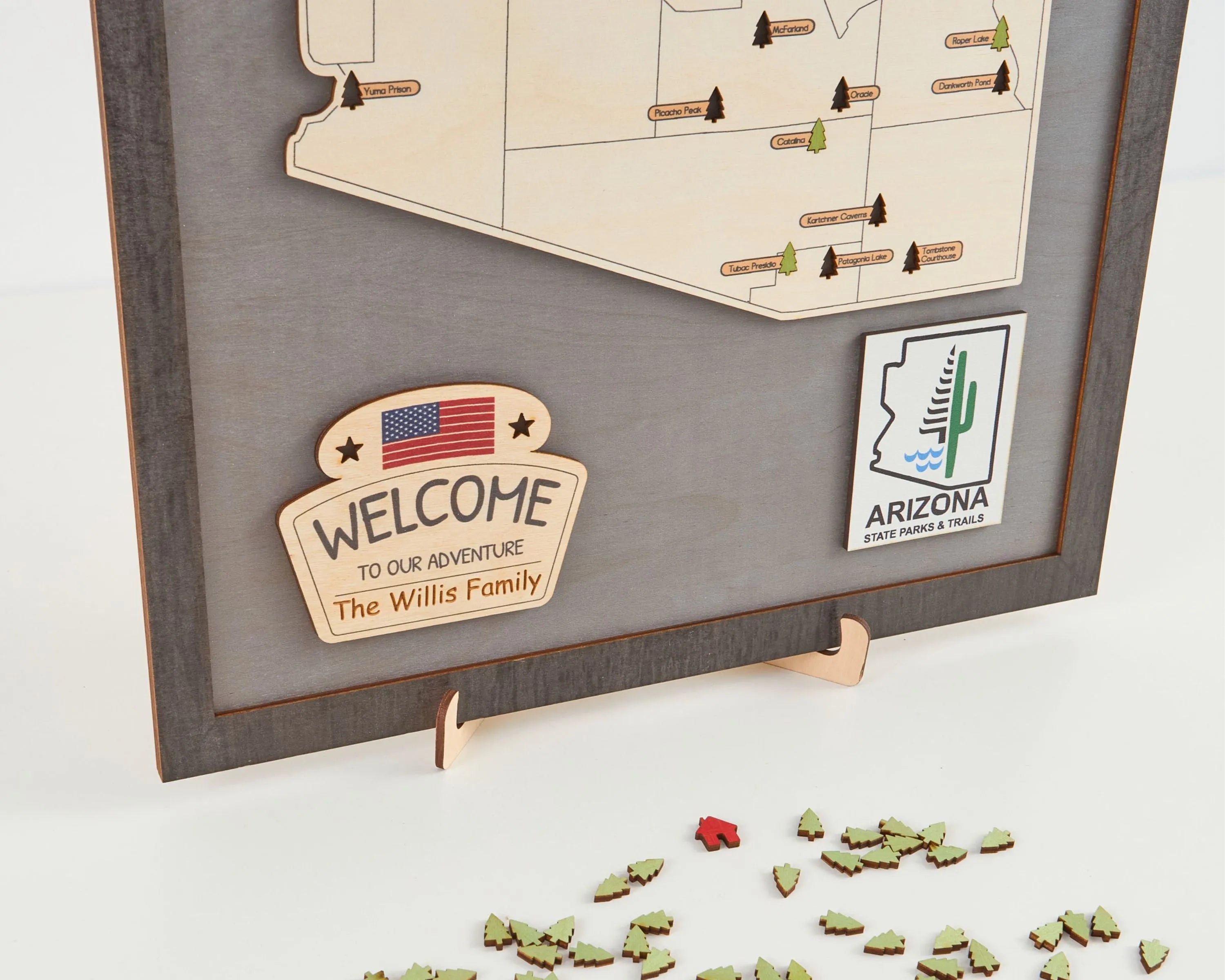 US Wooden Arizona State Parks Map With Trees To Record Park Visits (Light Grey)