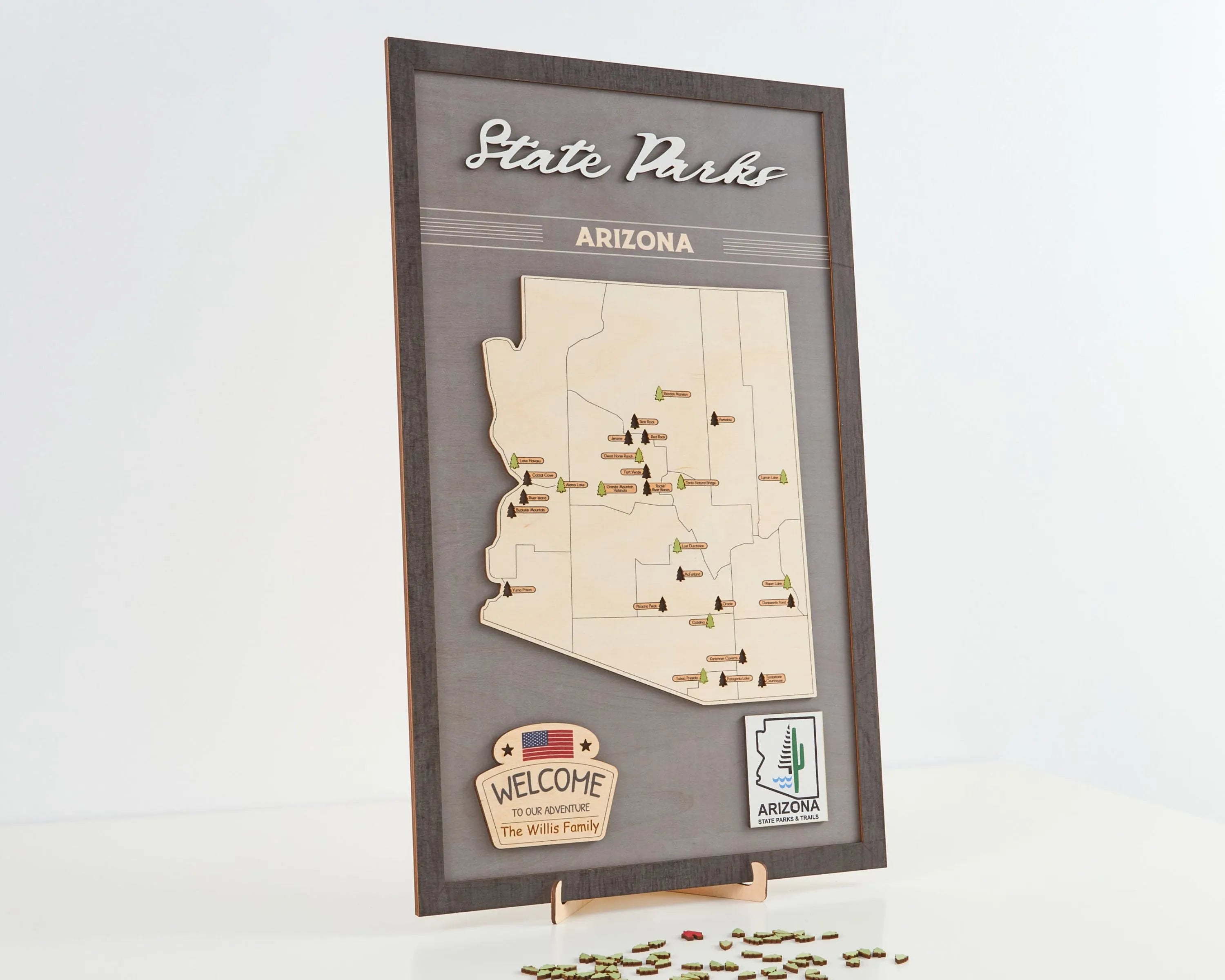 US Wooden Arizona State Parks Map With Trees To Record Park Visits (Light Grey)