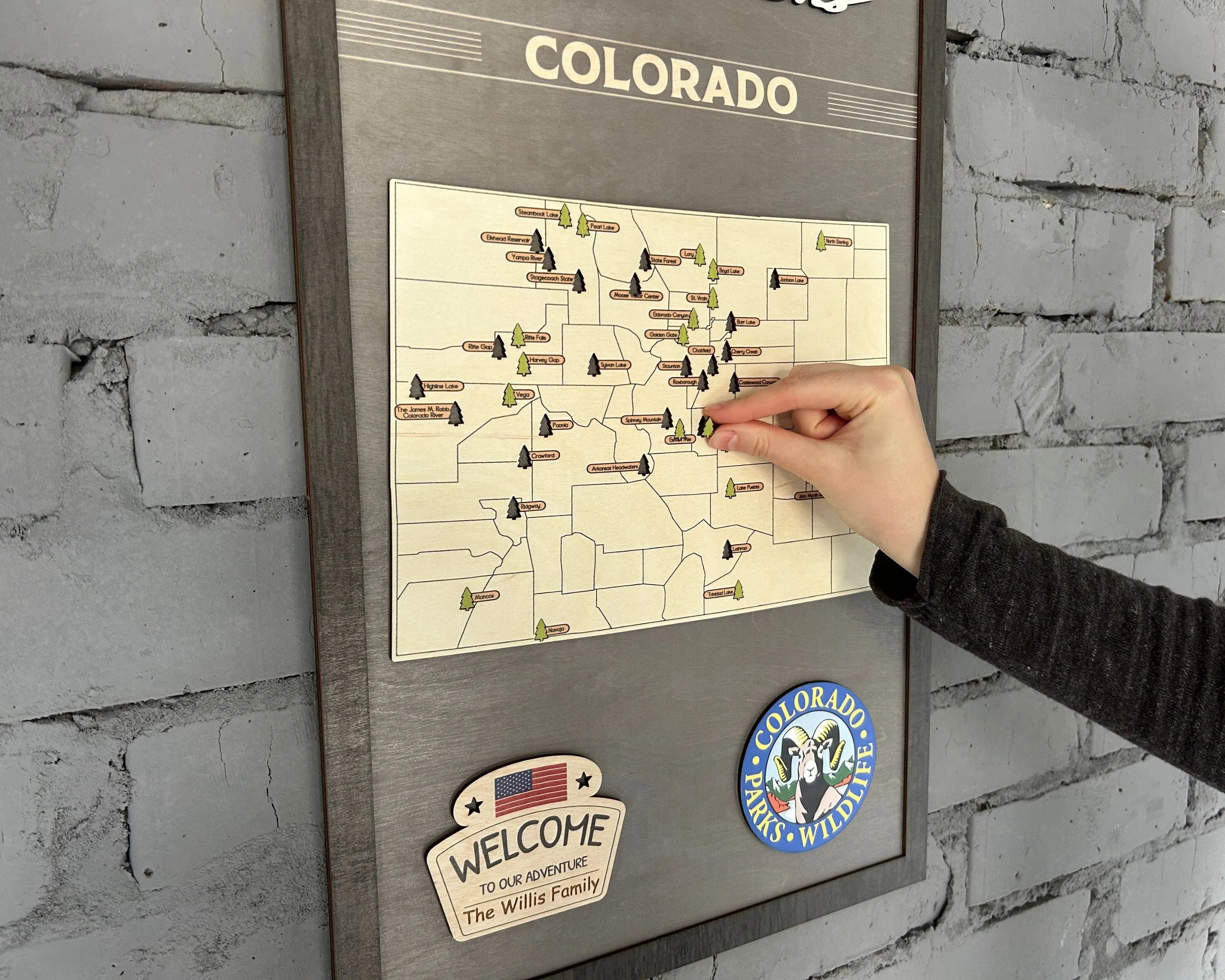 US Wooden Colorado State Parks Map With Trees To Record Park Visits (Light Grey)