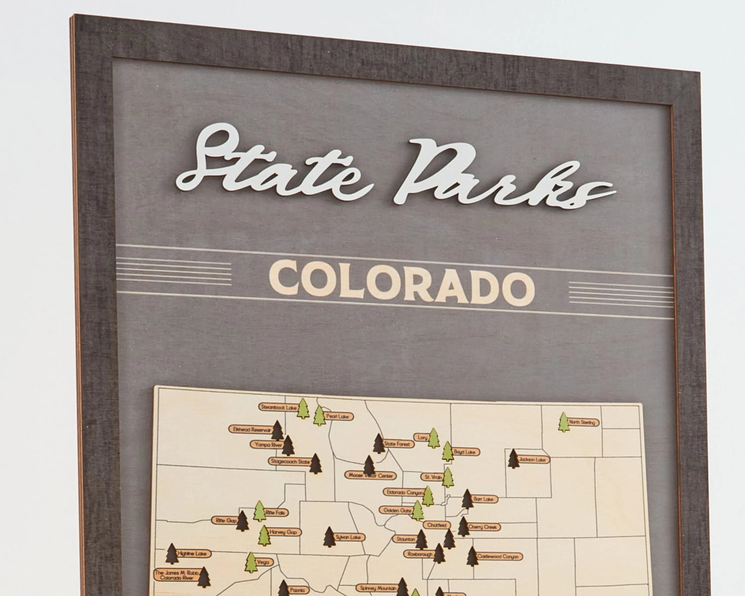 US Wooden Colorado State Parks Map With Trees To Record Park Visits (Light Grey)