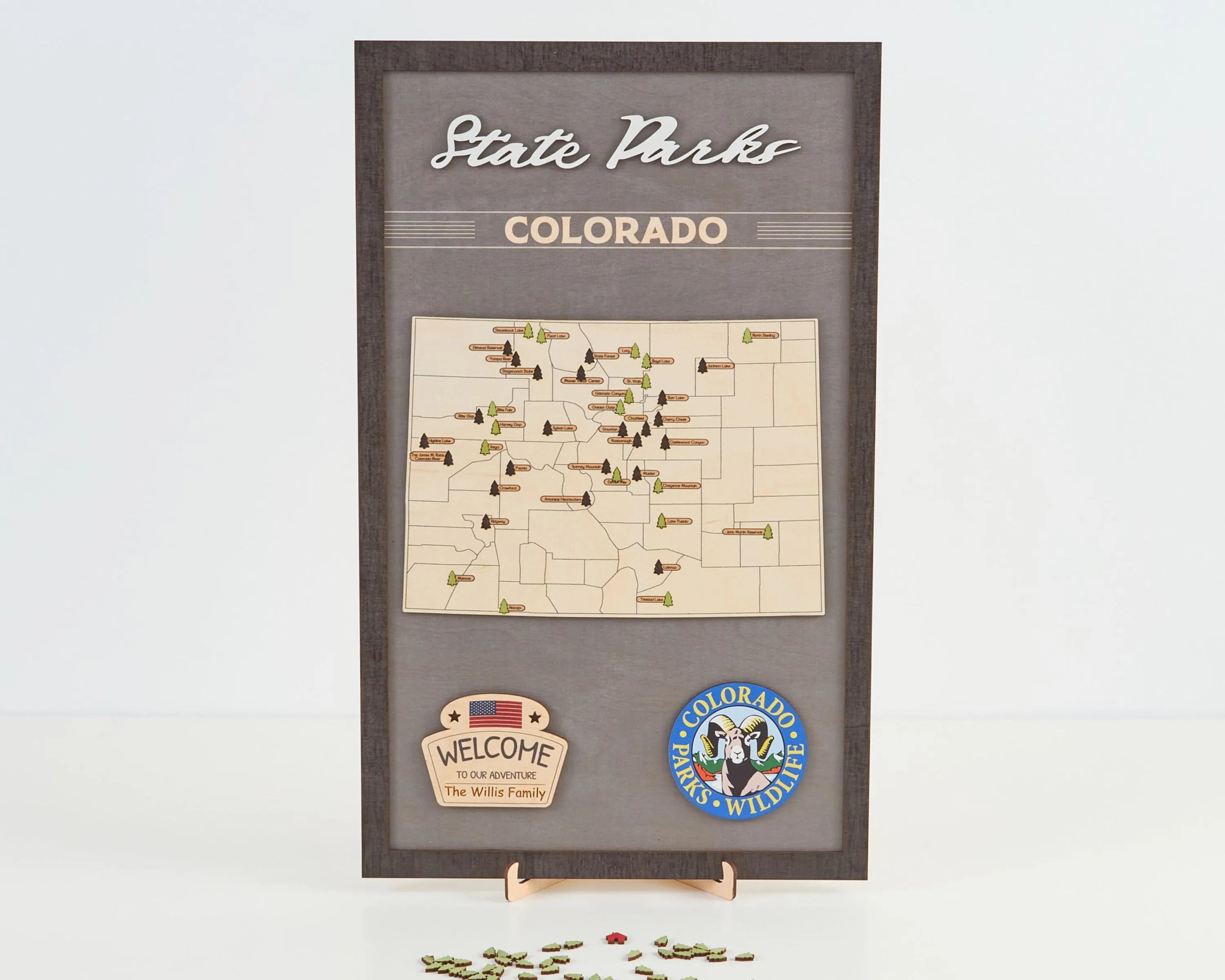 US Wooden Colorado State Parks Map With Trees To Record Park Visits (Light Grey)