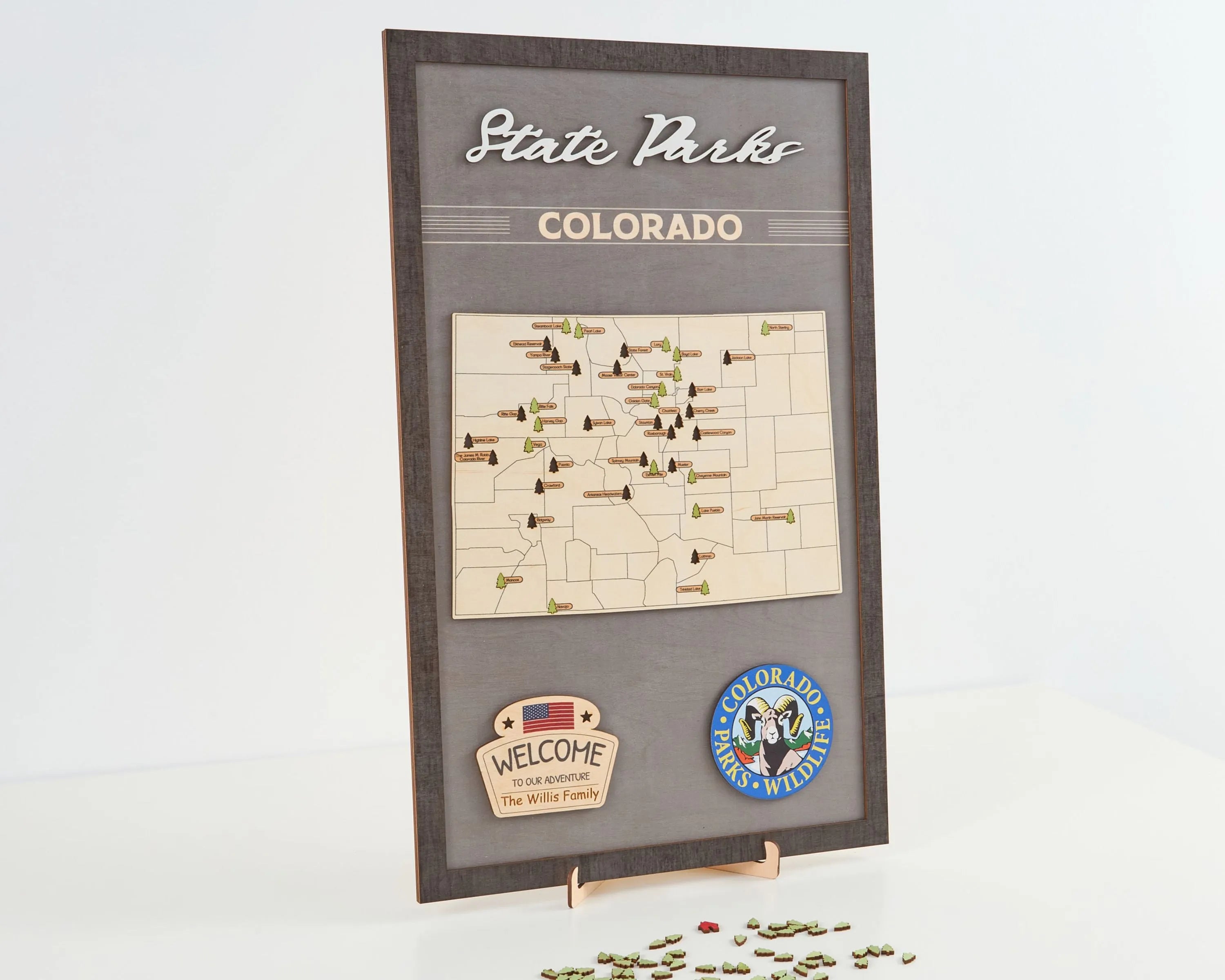 US Wooden Colorado State Parks Map With Trees To Record Park Visits (Light Grey)