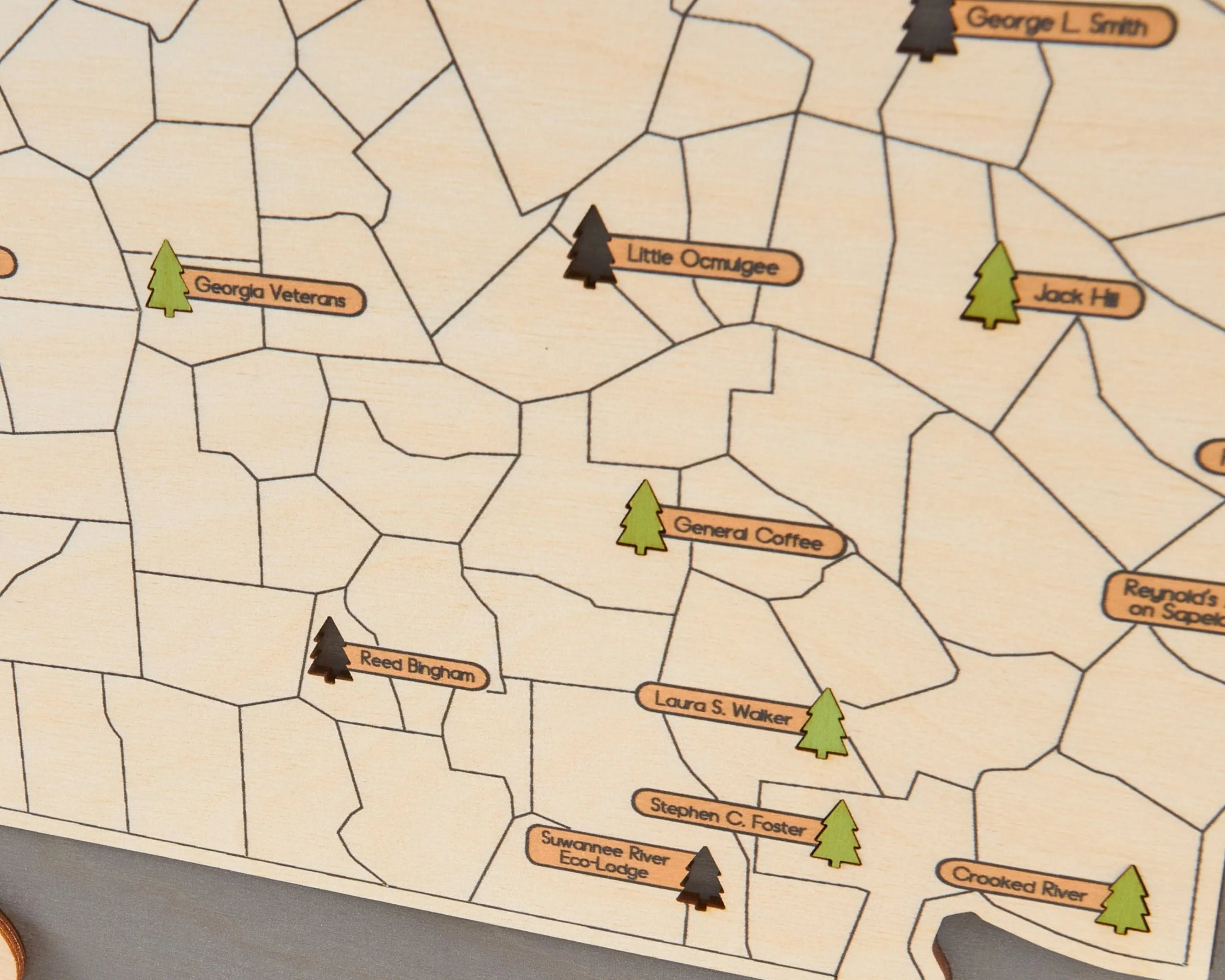 US Wooden Georgia State Parks Map With Trees To Record Park Visits (Light Grey)