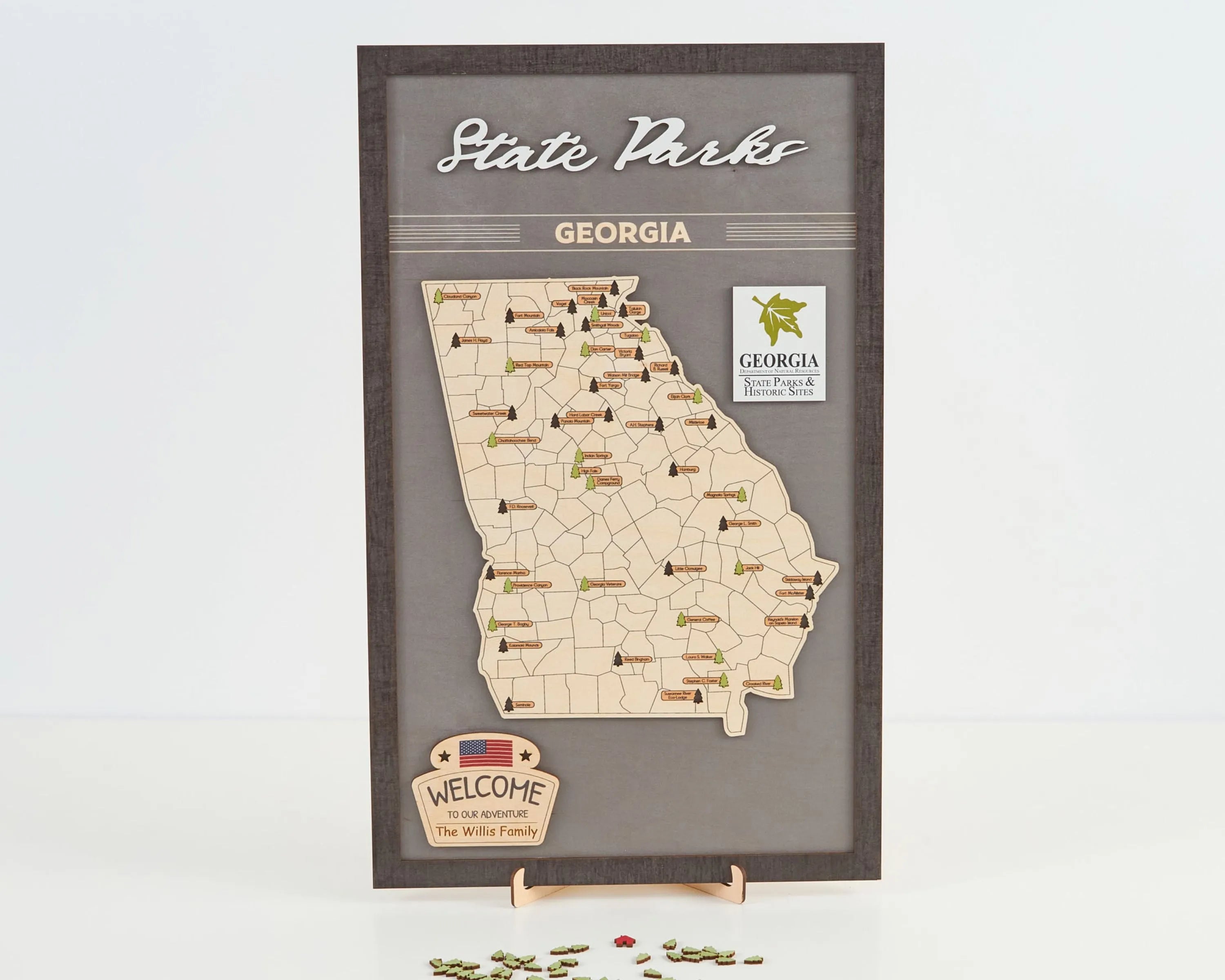 US Wooden Georgia State Parks Map With Trees To Record Park Visits (Light Grey)