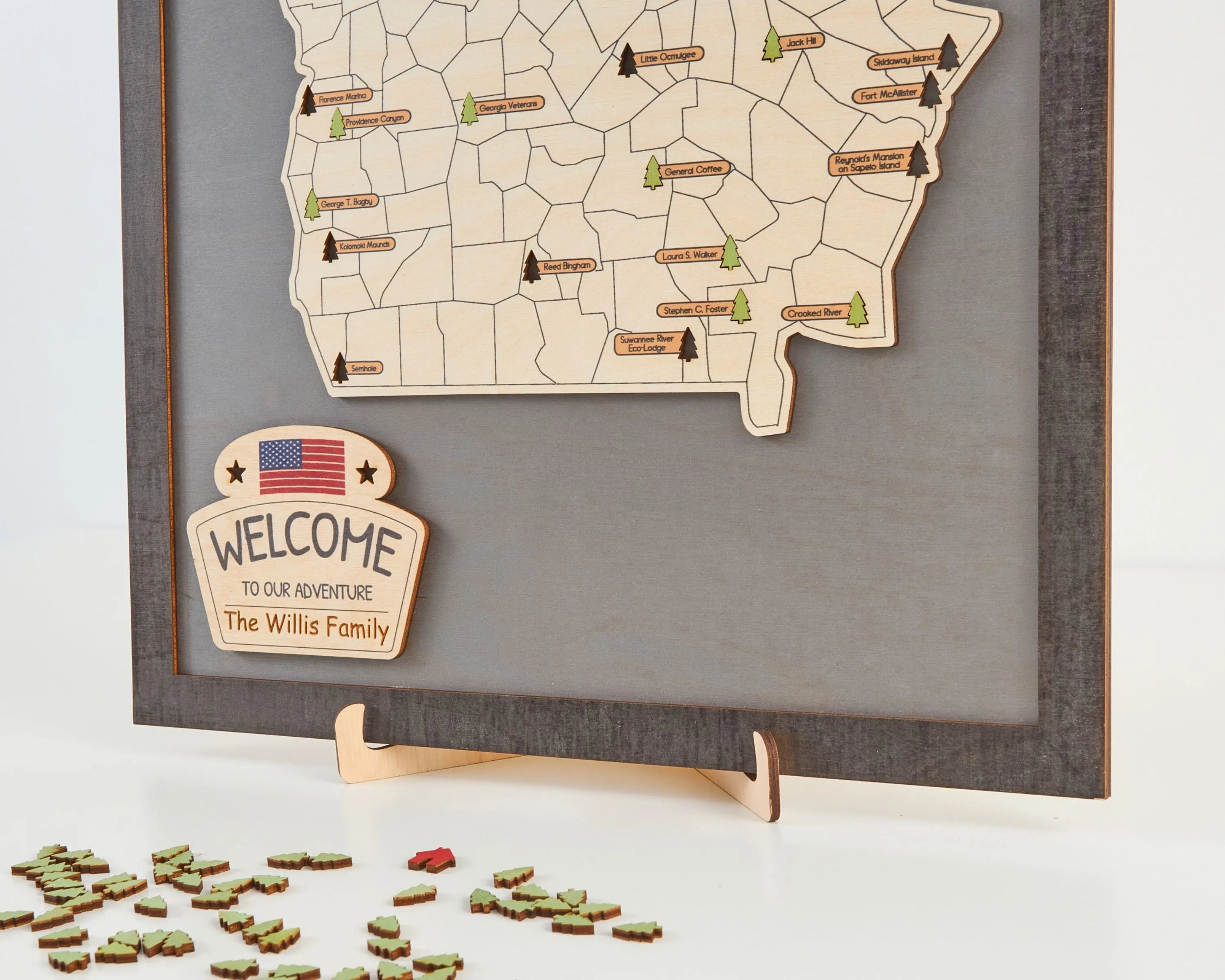 US Wooden Georgia State Parks Map With Trees To Record Park Visits (Light Grey)