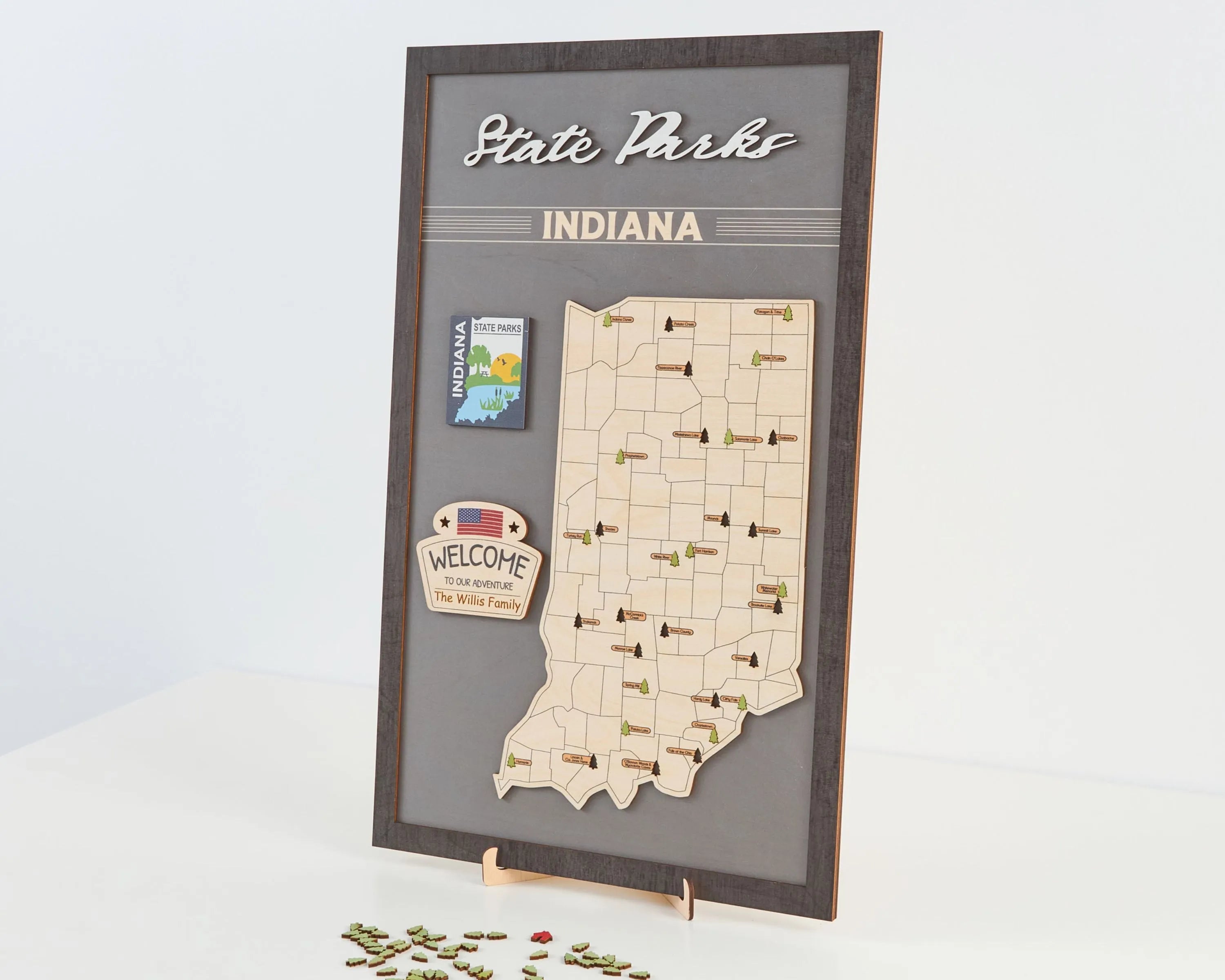 US Wooden Indiana State Parks Map With Trees To Record Park Visits (Light Grey)