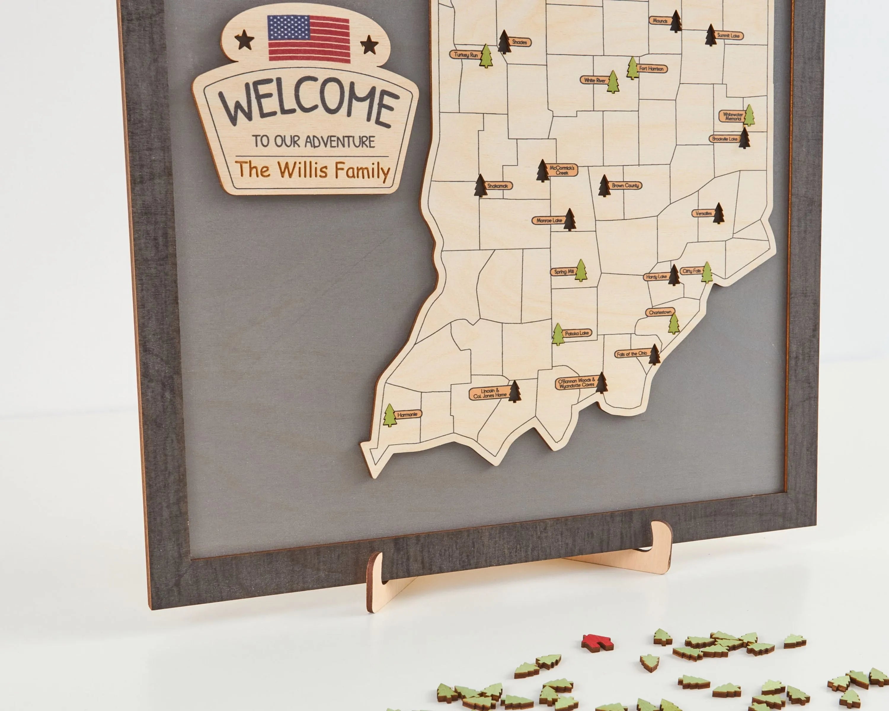 US Wooden Indiana State Parks Map With Trees To Record Park Visits (Light Grey)