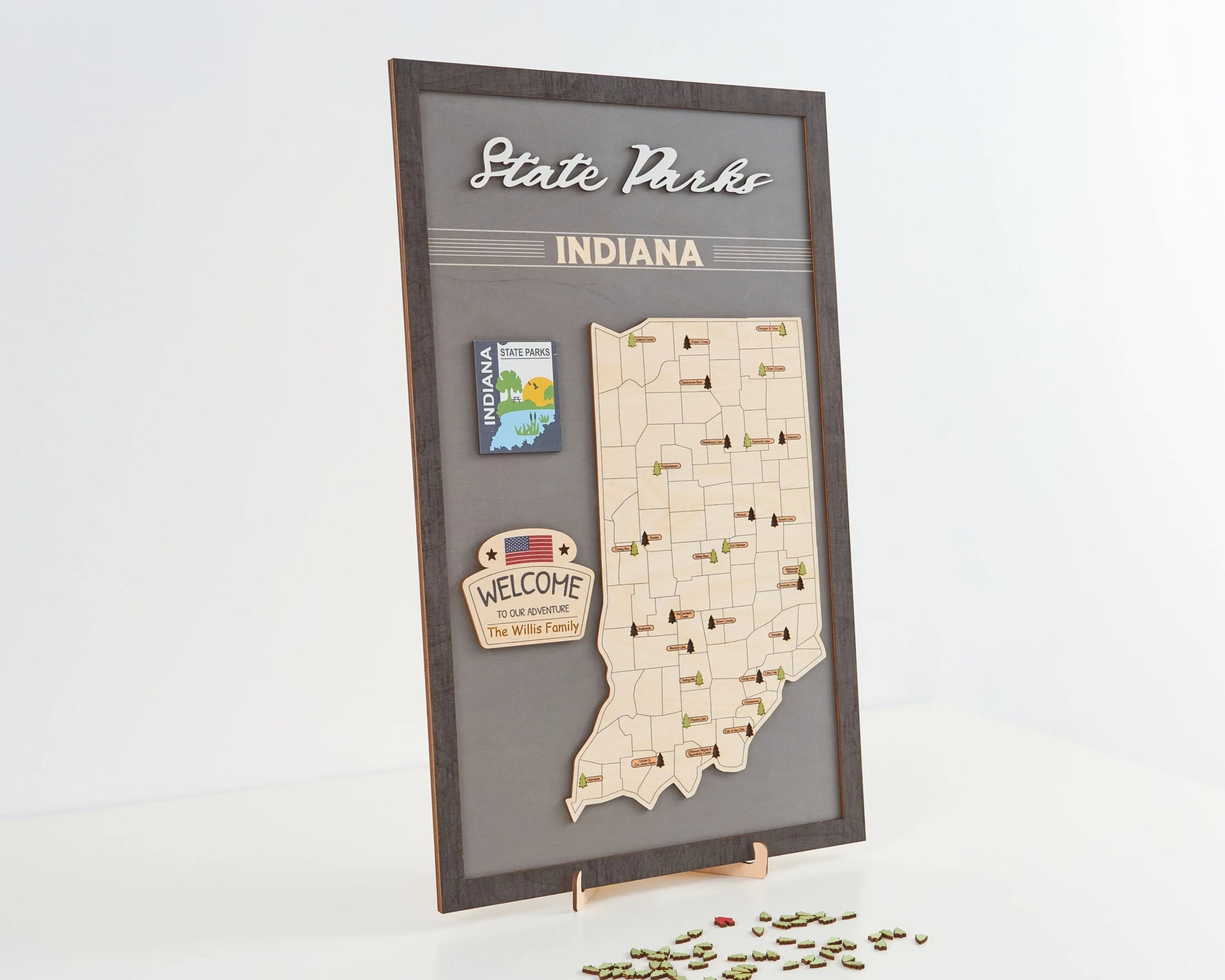 US Wooden Indiana State Parks Map With Trees To Record Park Visits (Light Grey)