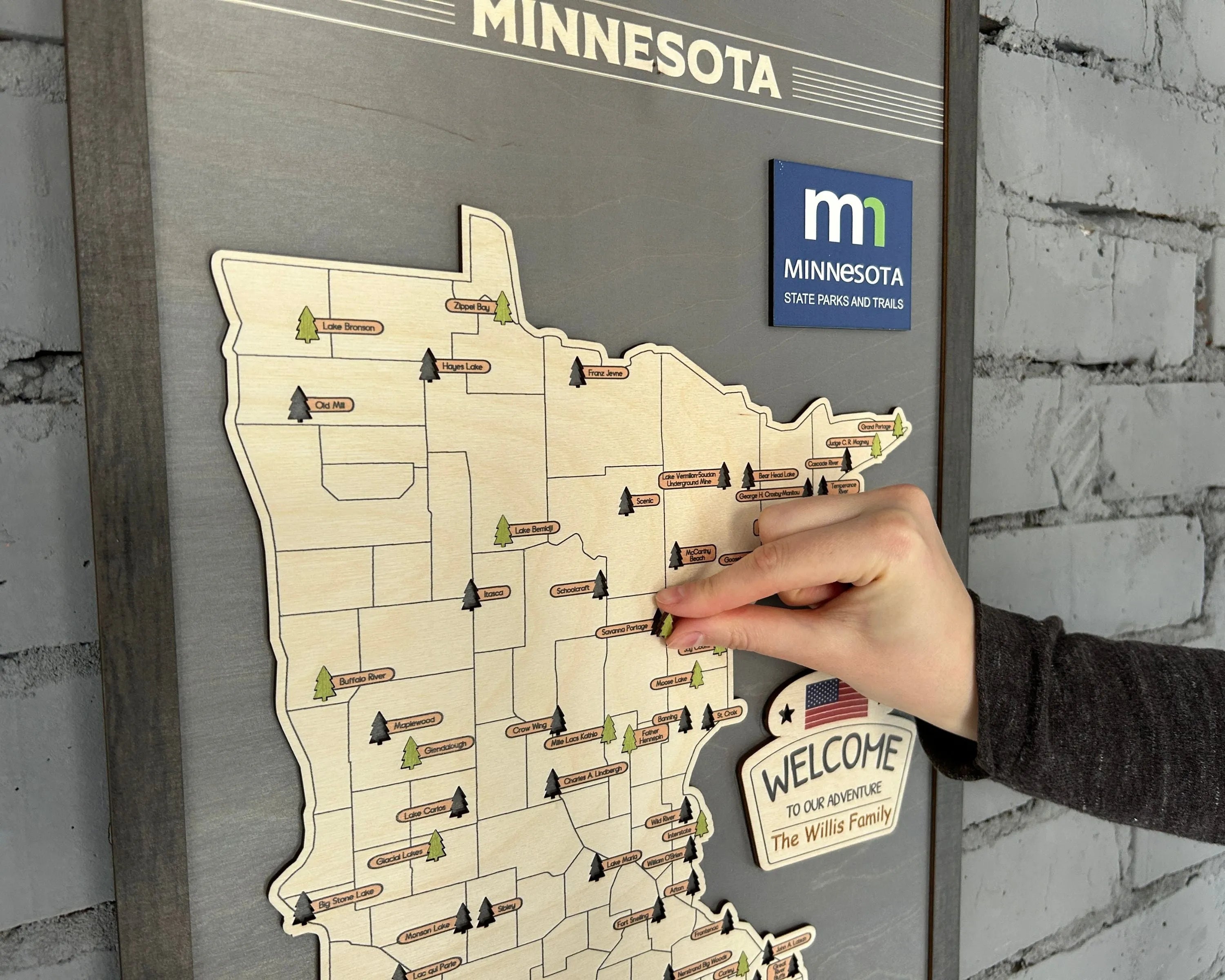 US Wooden Minnesota State Parks Map With Trees To Record Park Visits (Light Grey)