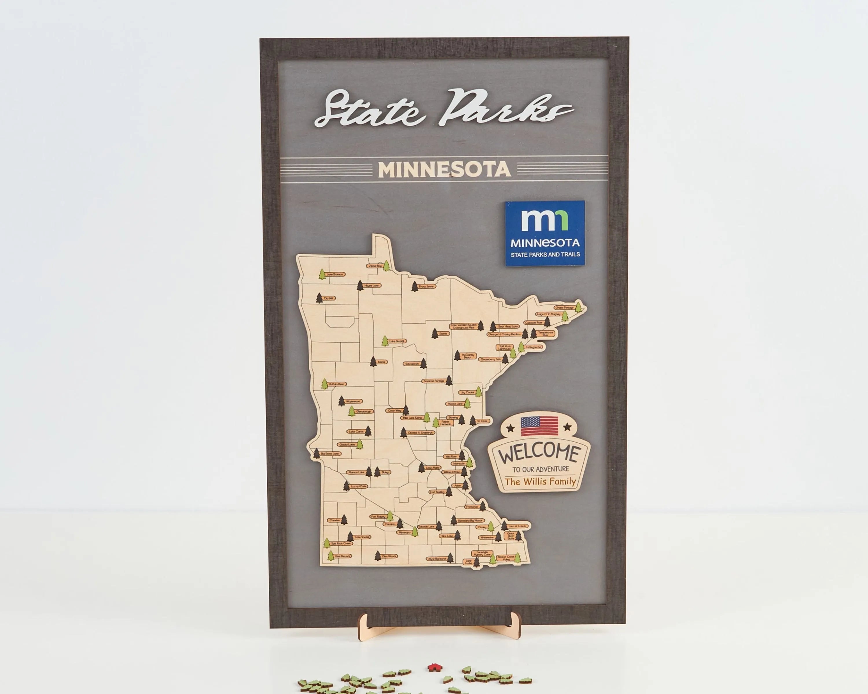 US Wooden Minnesota State Parks Map With Trees To Record Park Visits (Light Grey)