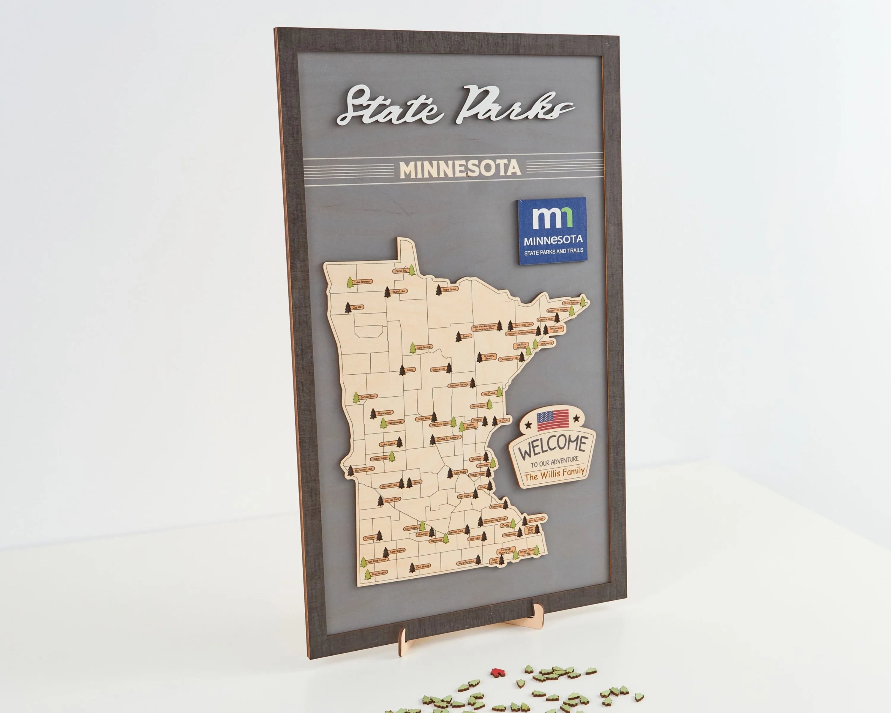 US Wooden Minnesota State Parks Map With Trees To Record Park Visits (Light Grey)