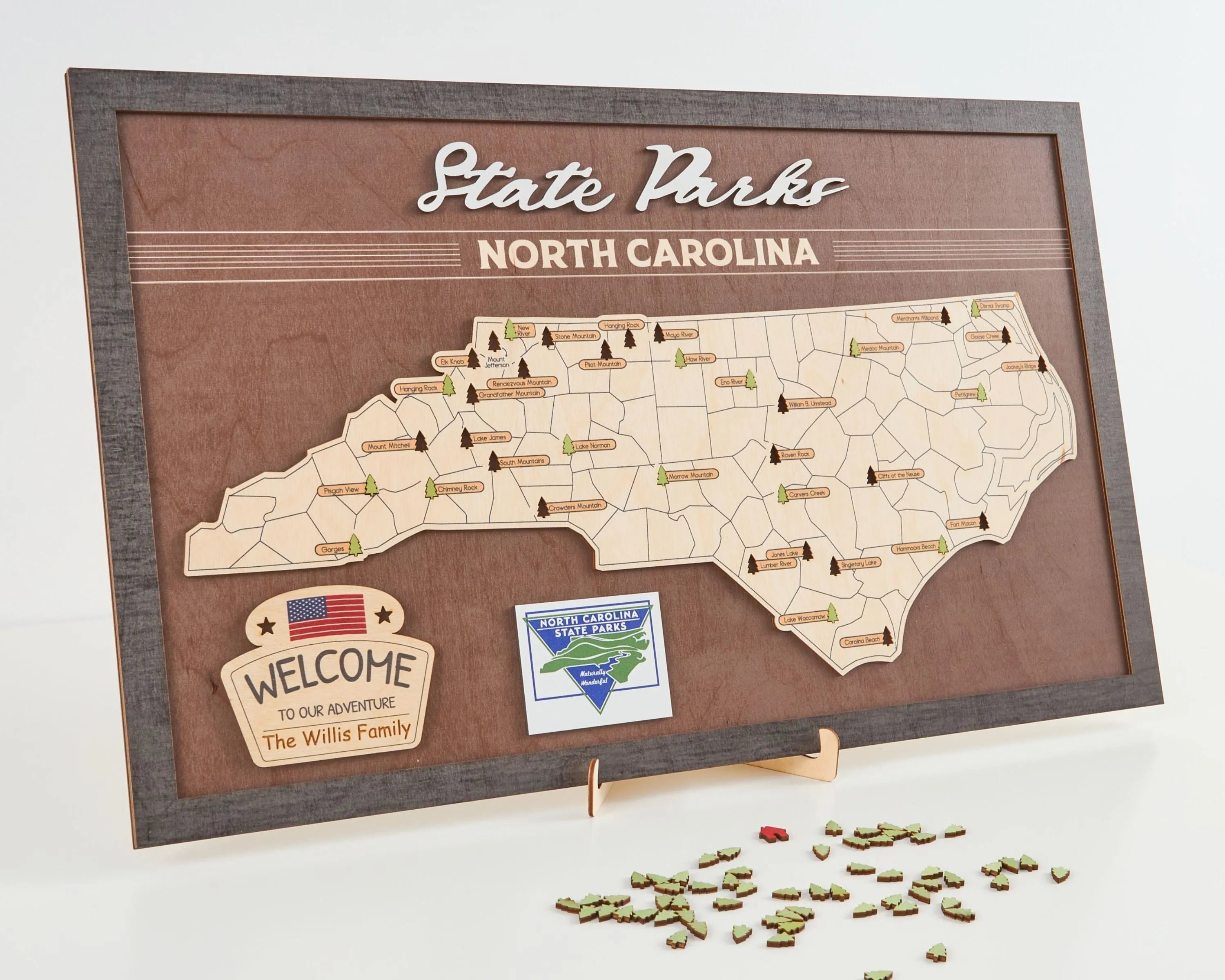 US Wooden North Carolina State Parks Map With Trees To Record Park Visits (Coffee)