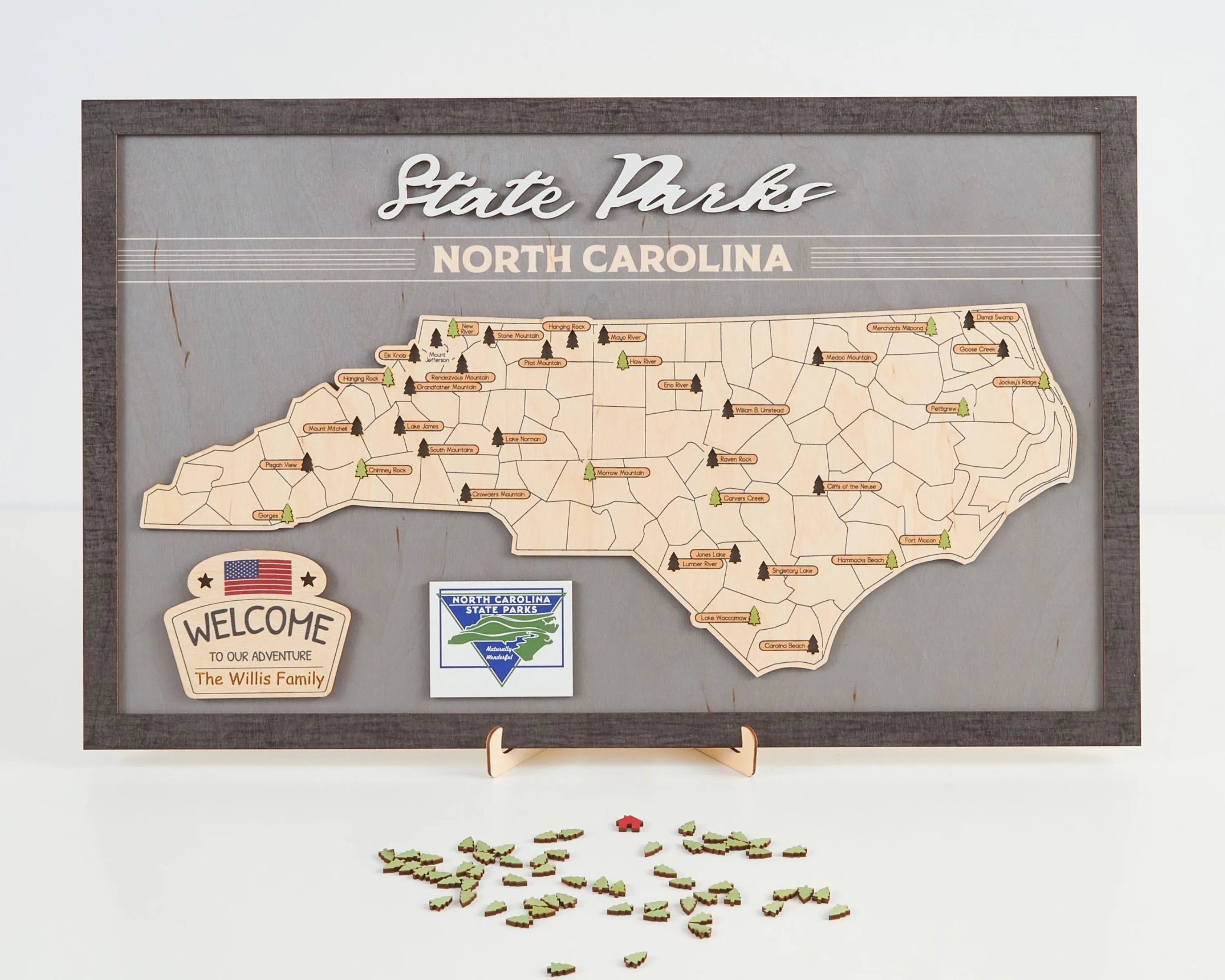 US Wooden North Carolina State Parks Map With Trees To Record Park Visits (Light Grey)