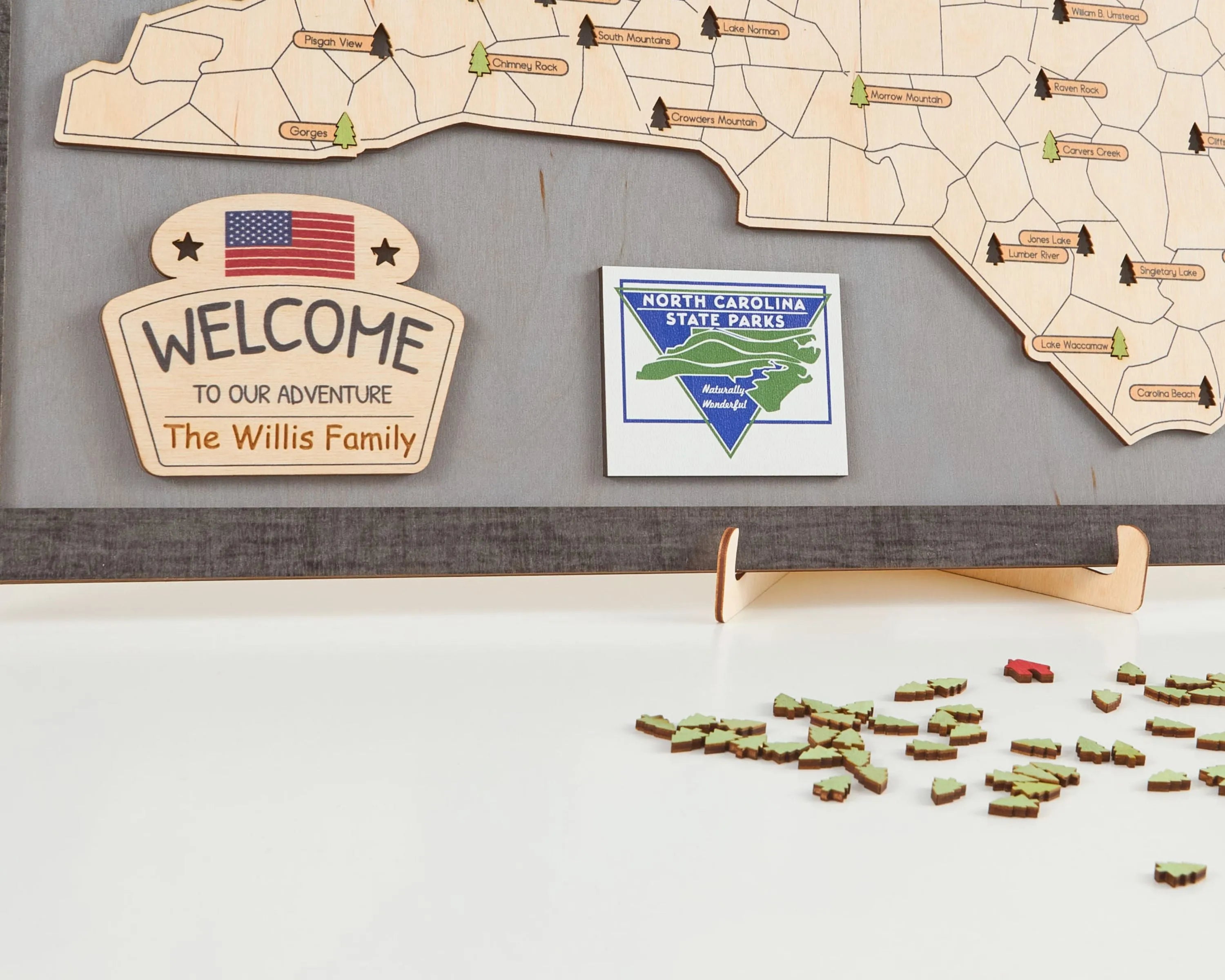 US Wooden North Carolina State Parks Map With Trees To Record Park Visits (Light Grey)