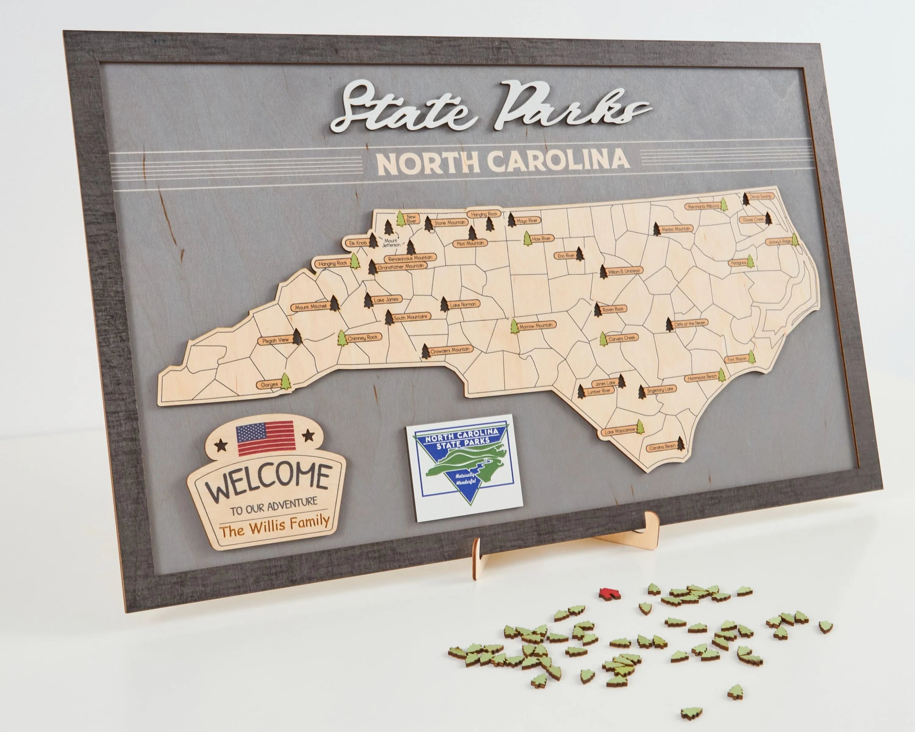US Wooden North Carolina State Parks Map With Trees To Record Park Visits (Light Grey)