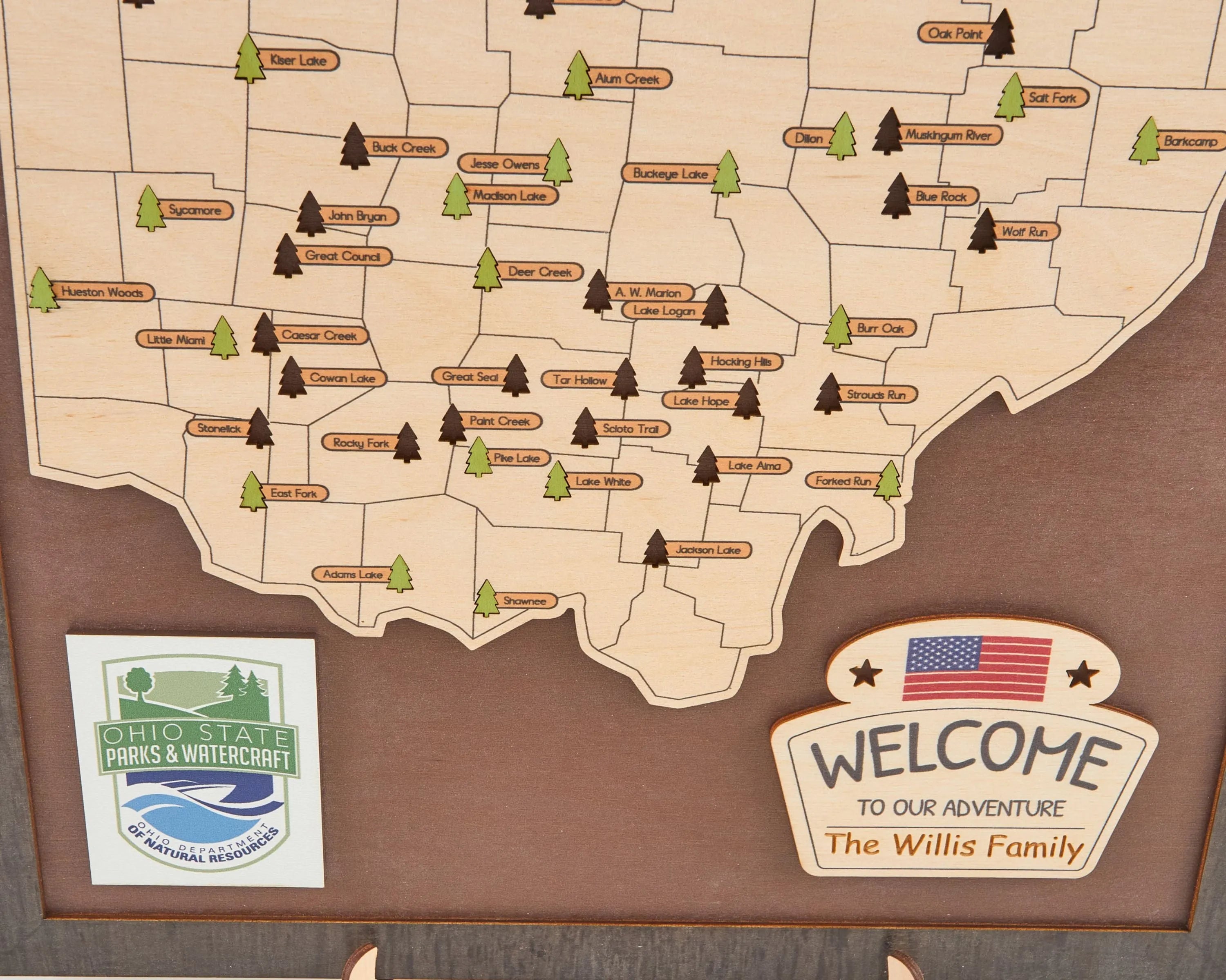 US Wooden Ohio State Parks Map With Trees To Record Park Visits (Coffee)