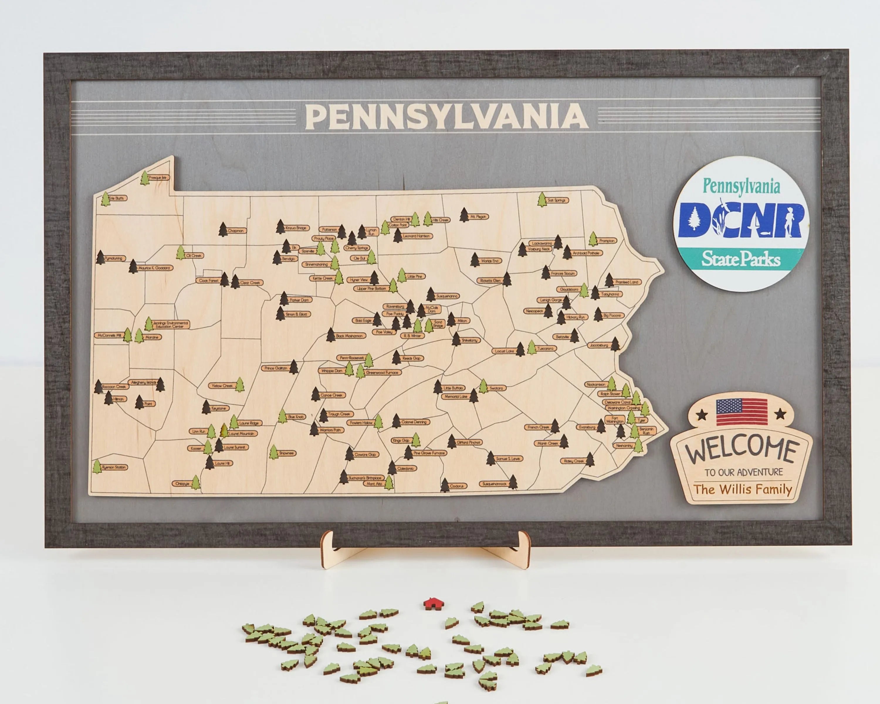 US Wooden Pennsylvania State Parks Map With Trees To Record Park Visits (Light Grey)