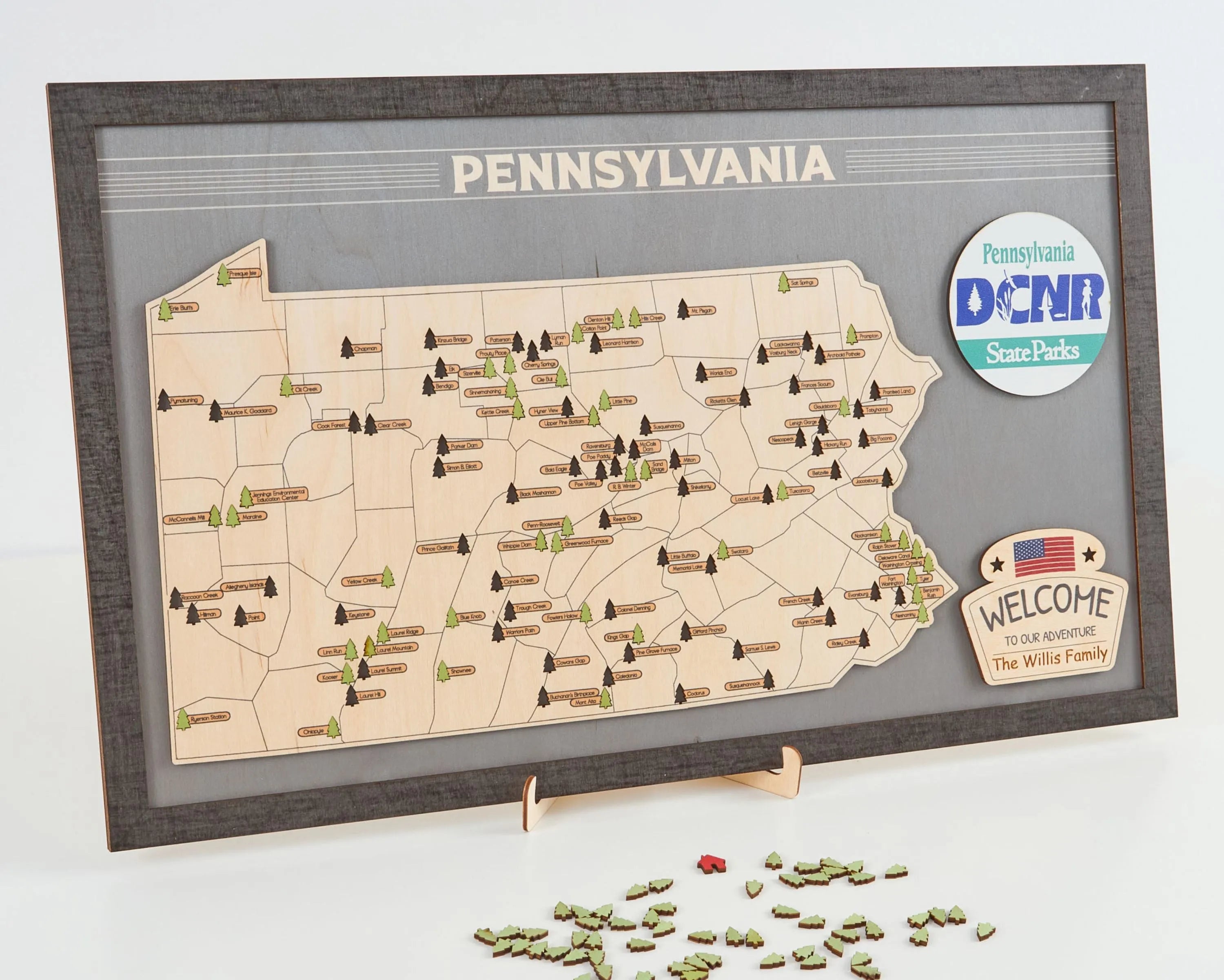 US Wooden Pennsylvania State Parks Map With Trees To Record Park Visits (Light Grey)