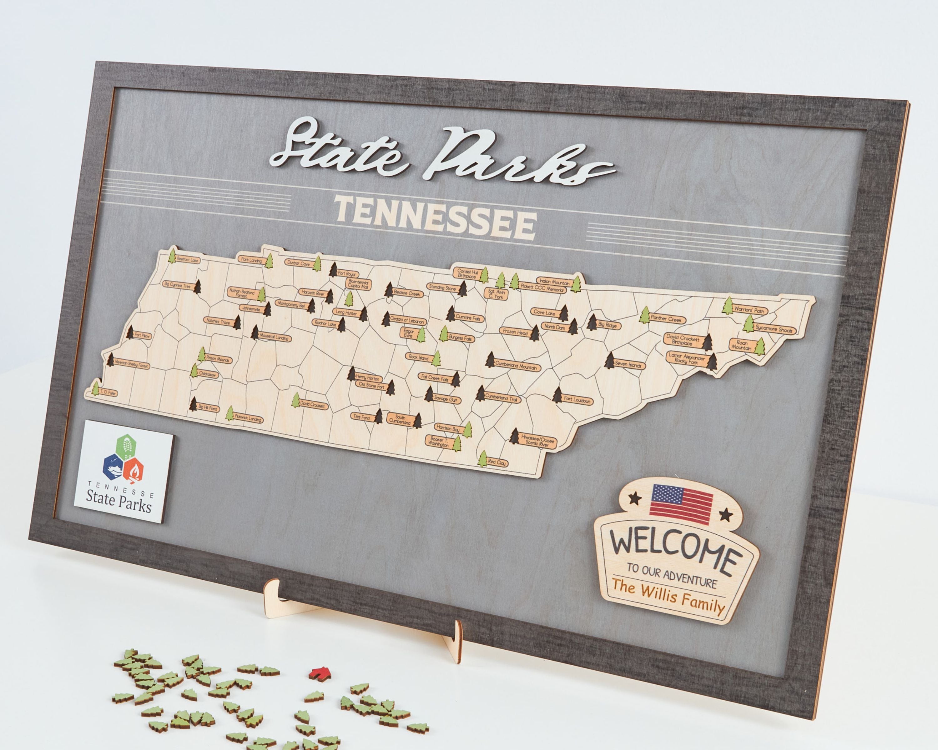 US Wooden Tennessee State Parks Map With Trees To Record Park Visits (Light Grey)