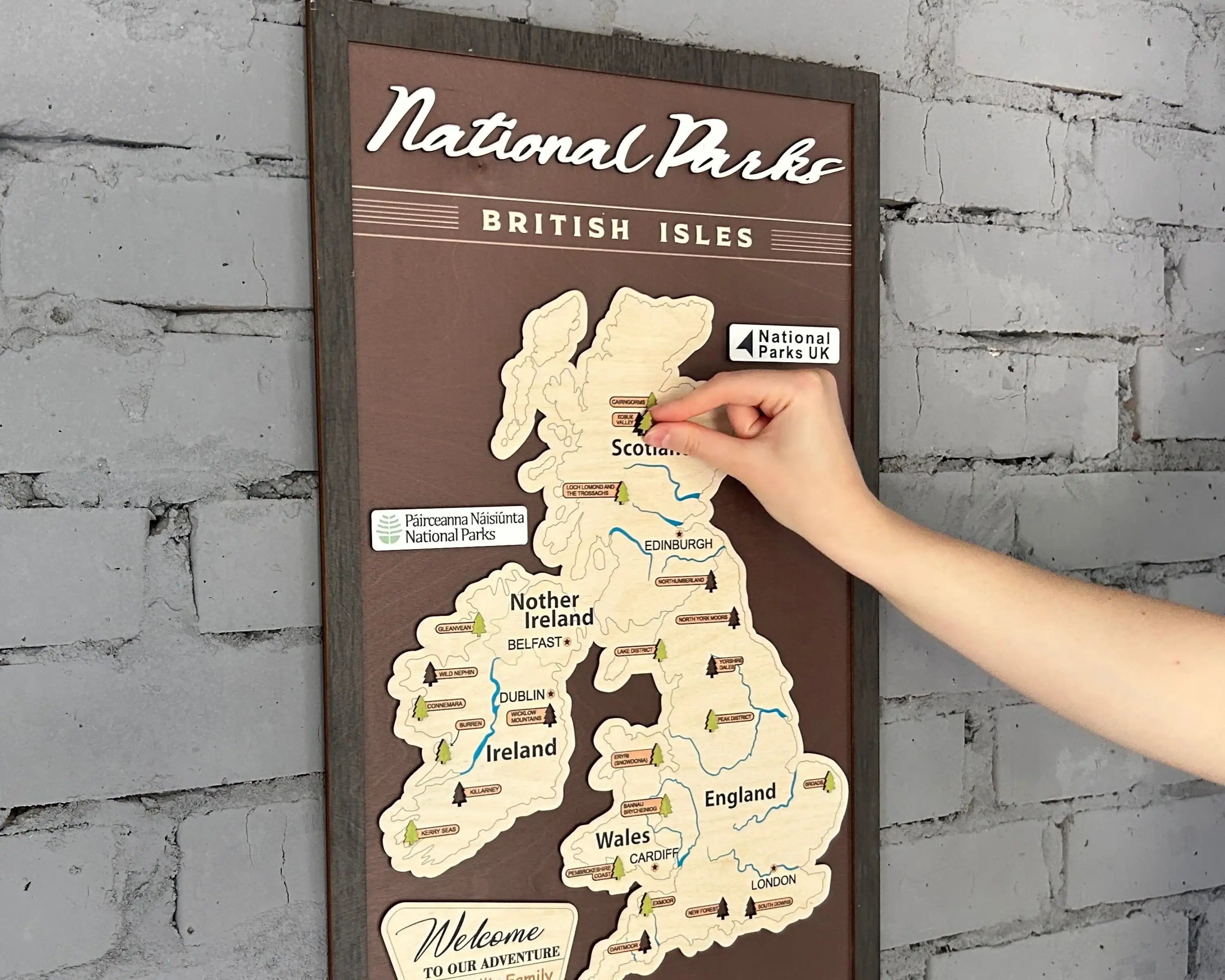 British Isles Wooden National Parks Travel Map With Trees To Record Park Visits (Coffee)