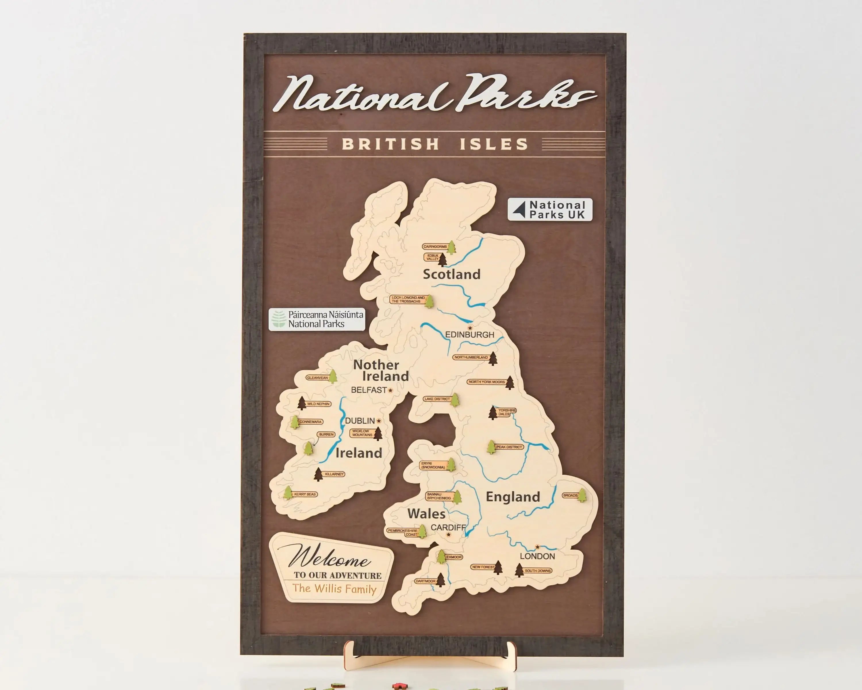 British Isles Wooden National Parks Travel Map With Trees To Record Park Visits (Coffee)