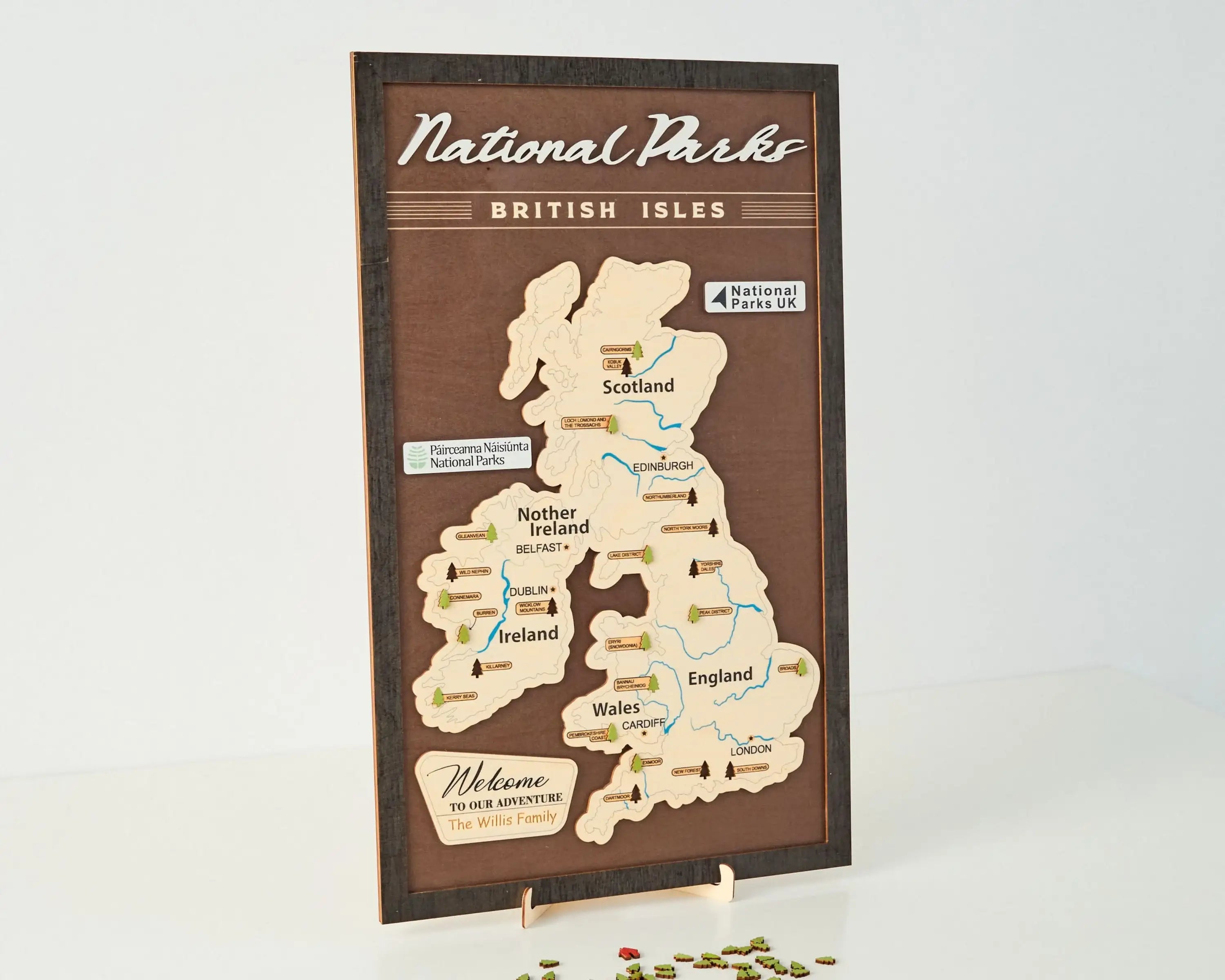 British Isles Wooden National Parks Travel Map With Trees To Record Park Visits (Coffee)