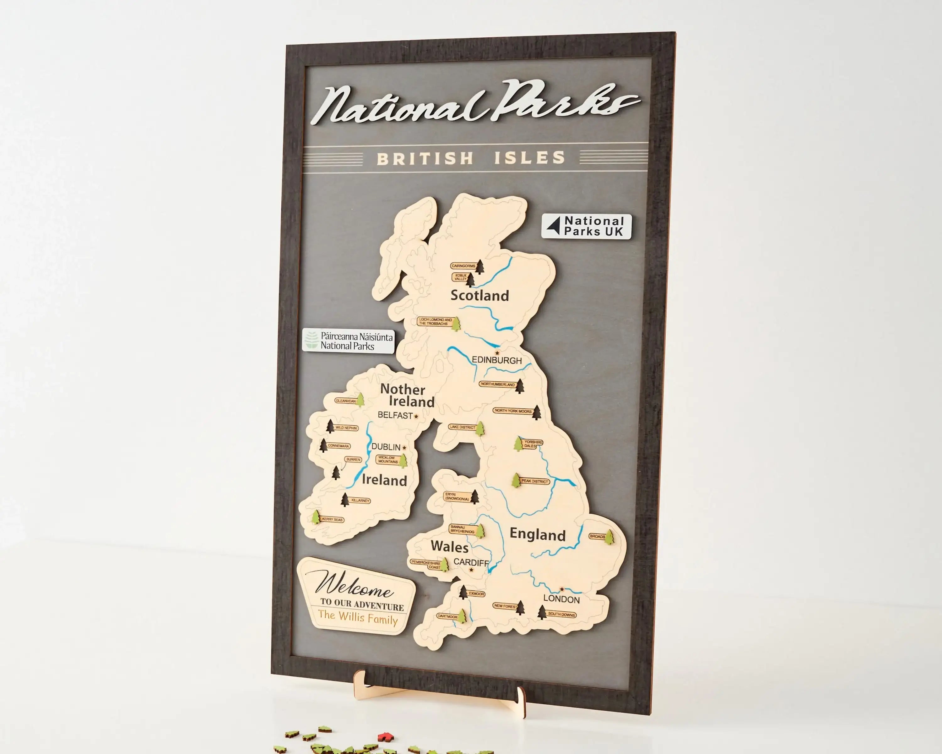 British Isles Wooden National Parks Travel Map With Trees To Record Park Visits (Light Grey)