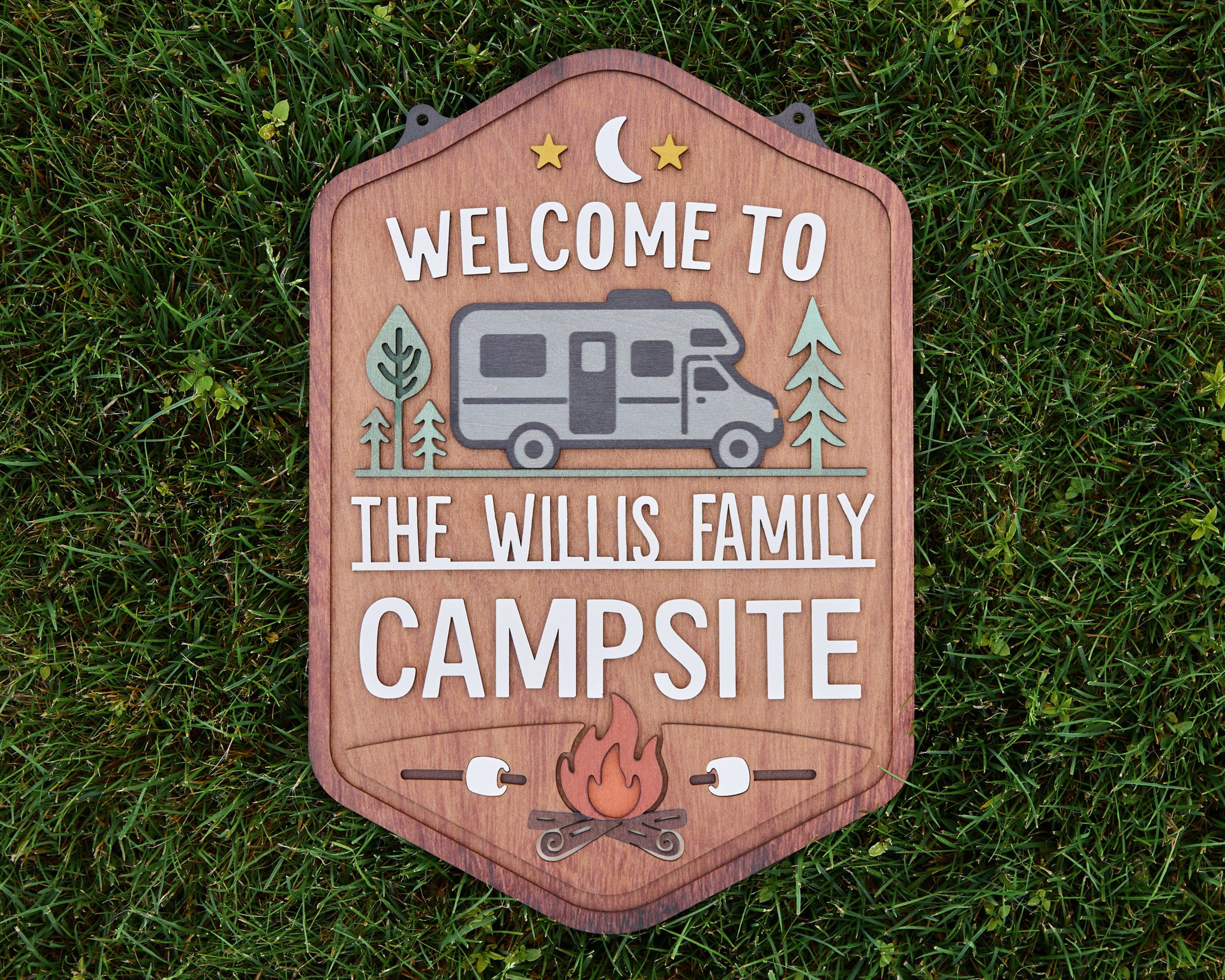 Personalized Welcome To Our Campsite Sign - Camping Flag | Custom Family Name Camper Decoration (Campsite)