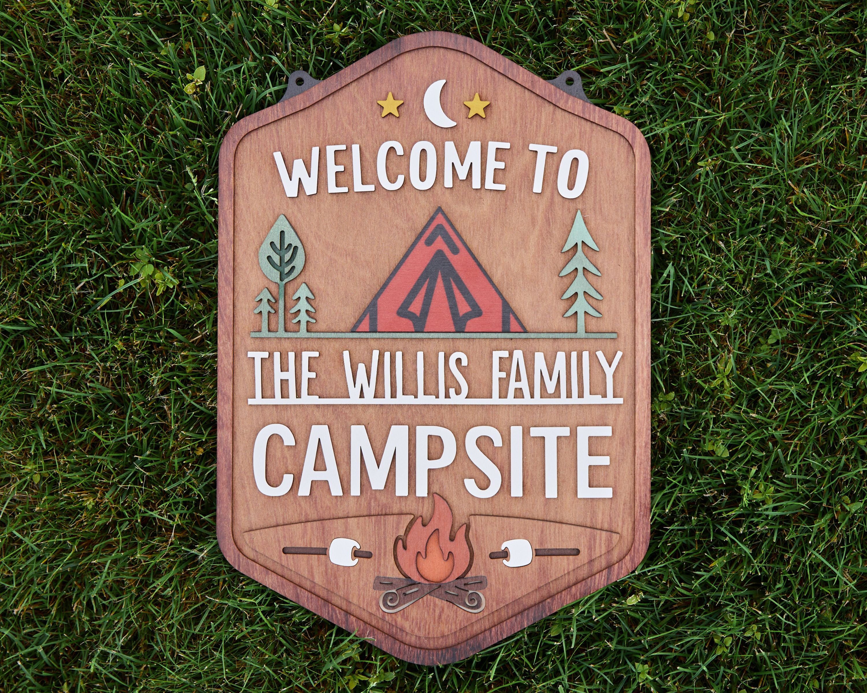 Personalized Welcome To Our Campsite Sign - Camping Flag | Custom Family Name Camper Decoration (Tent)