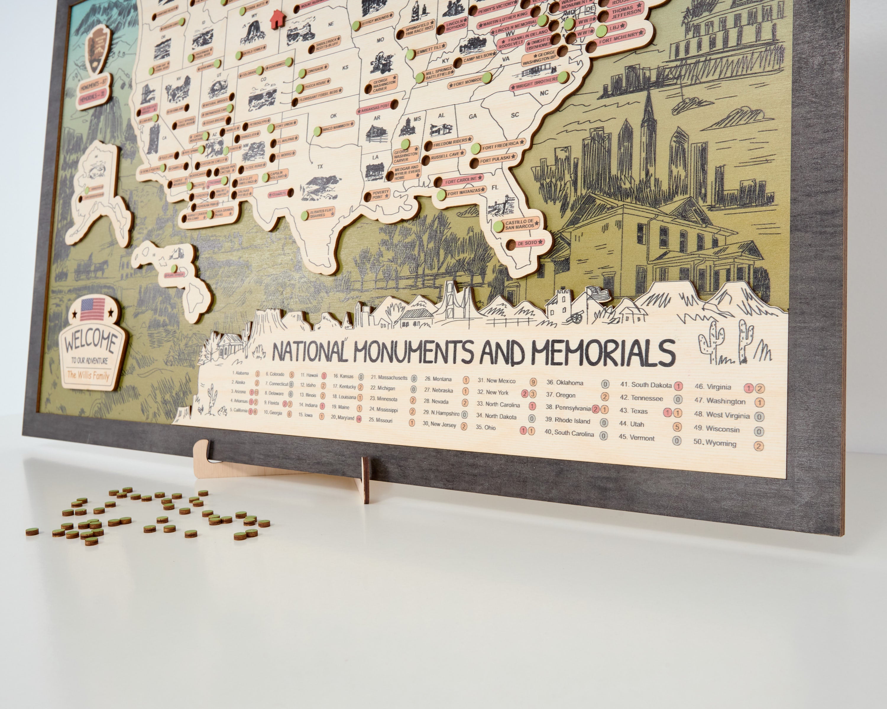 US Wooden National Monuments & Memorials Travel Map With Pins To Record Visits (Green Design)