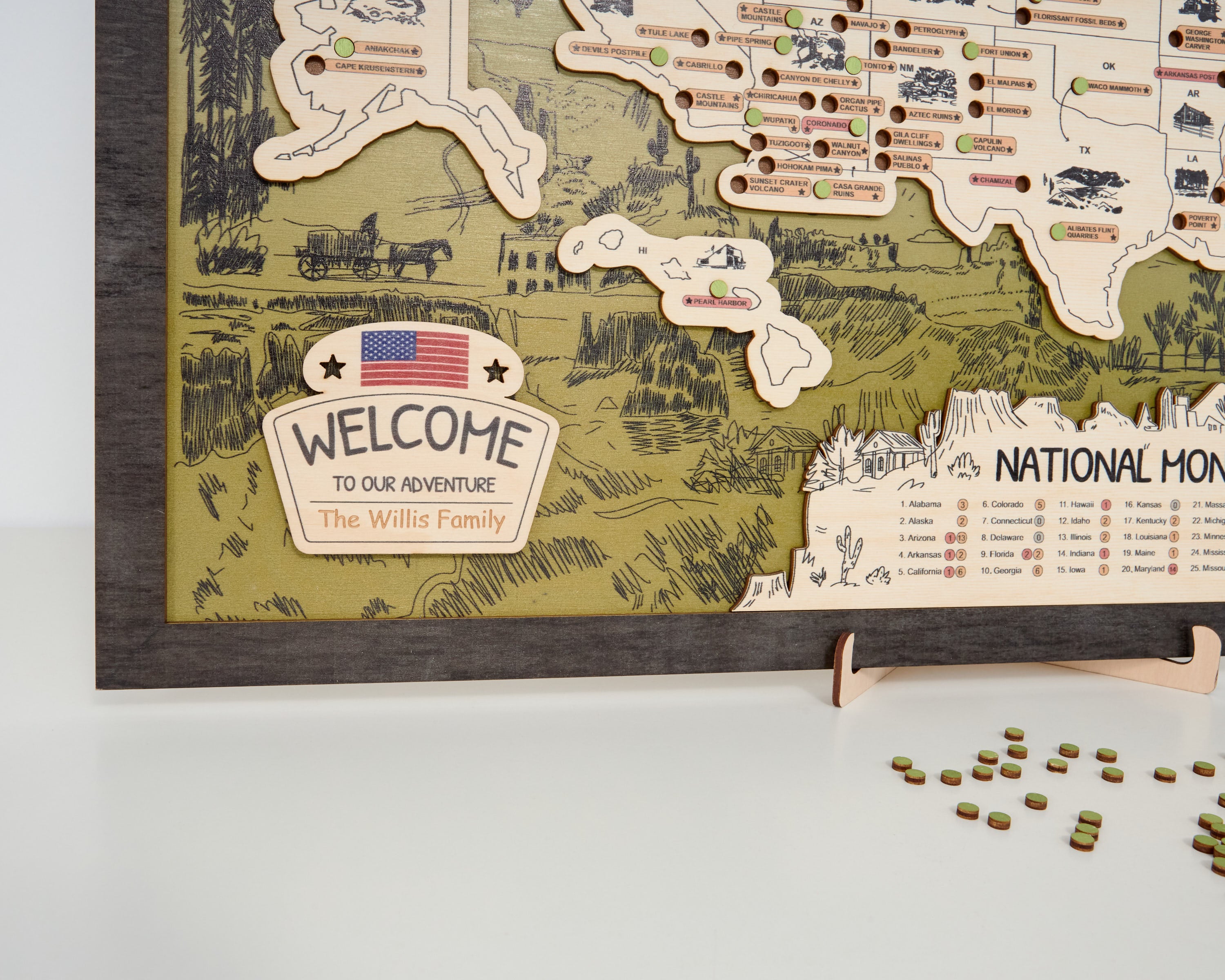 US Wooden National Monuments & Memorials Travel Map With Pins To Record Visits (Green Design)