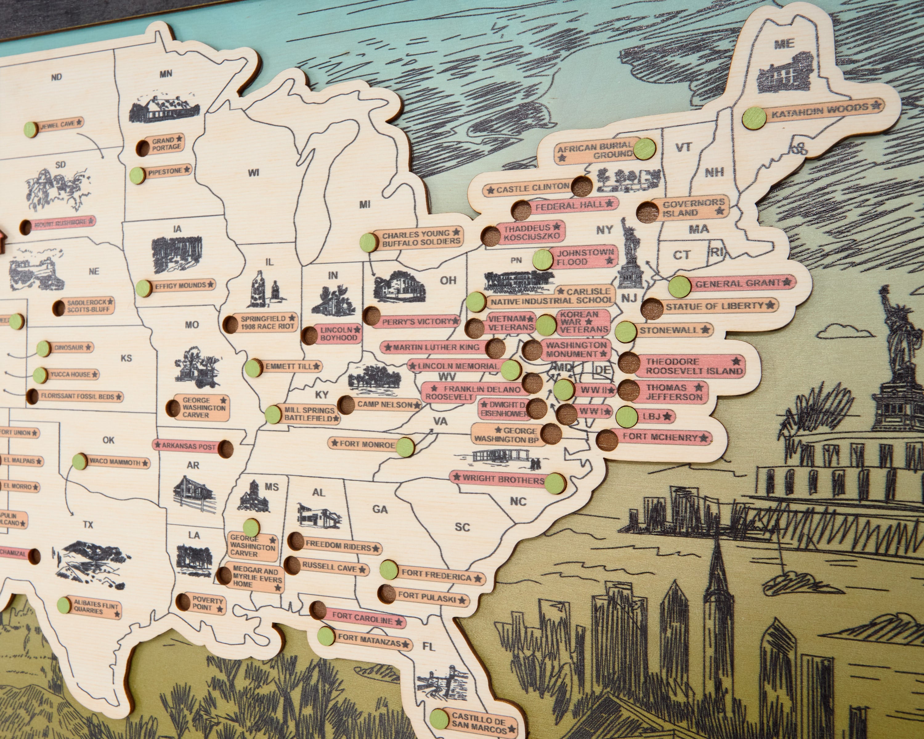 US Wooden National Monuments & Memorials Travel Map With Pins To Record Visits (Green Design)