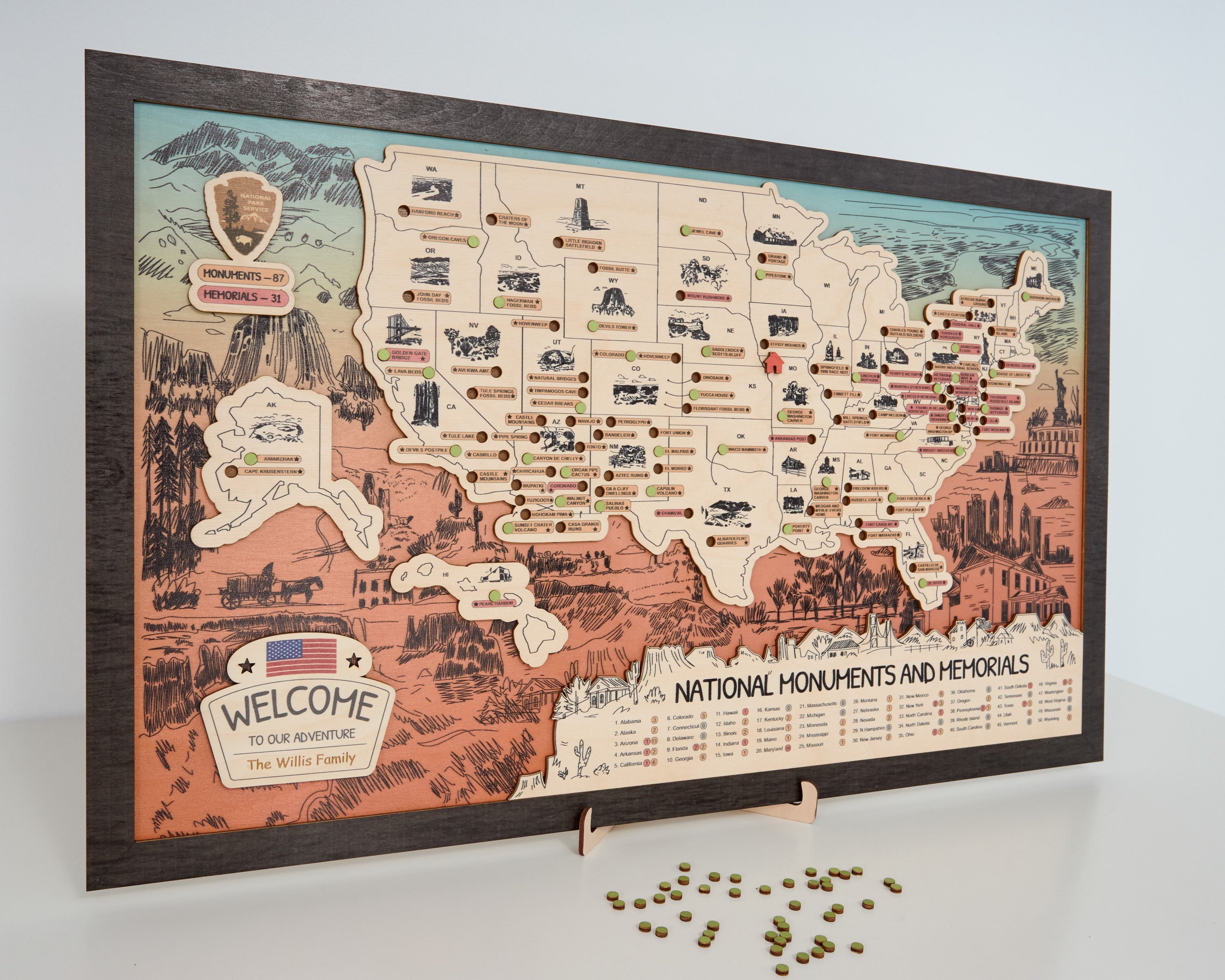US Wooden National Monuments & Memorials Travel Map With Pins To Record Visits (Orange Design)