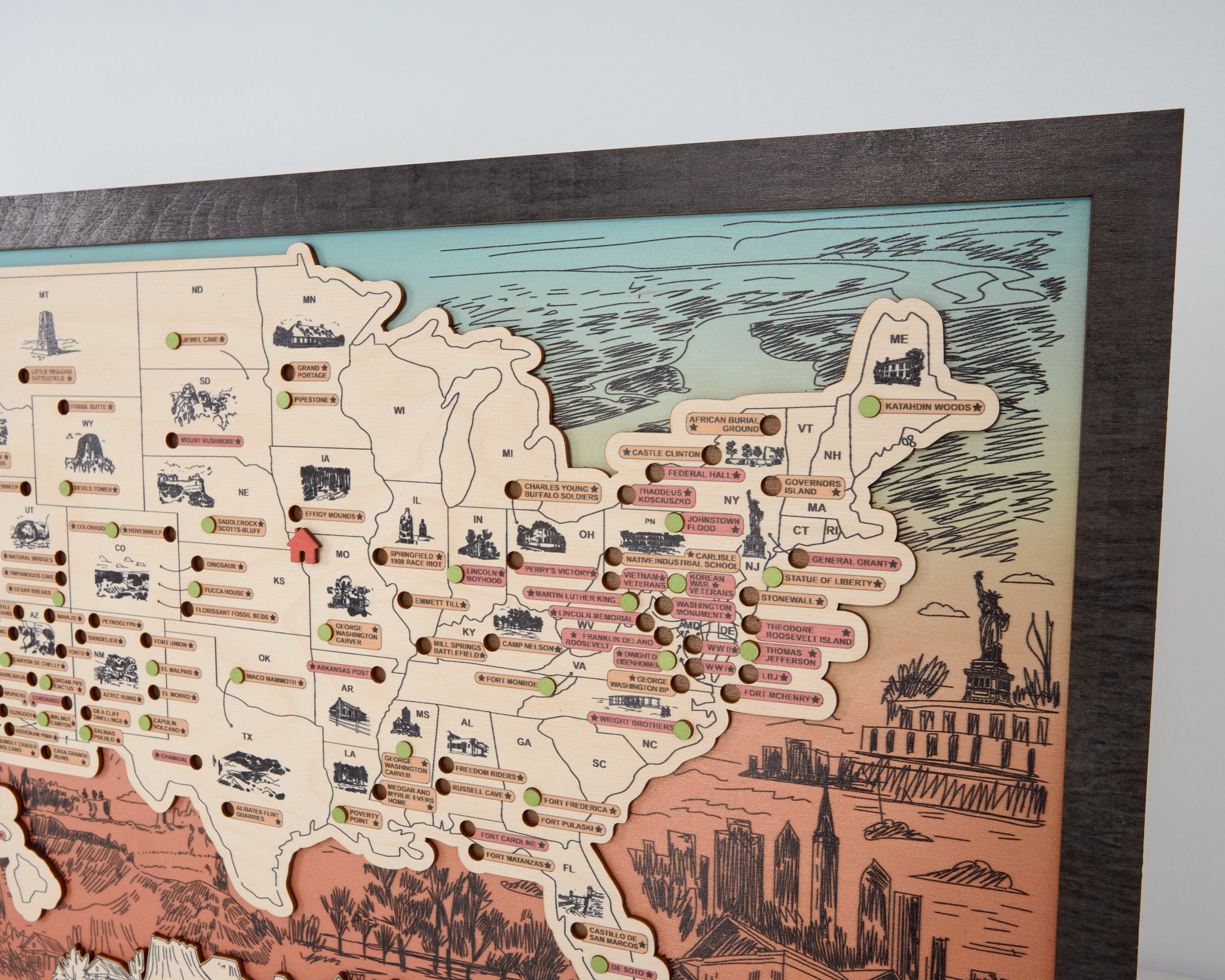 US Wooden National Monuments & Memorials Travel Map With Pins To Record Visits (Orange Design)