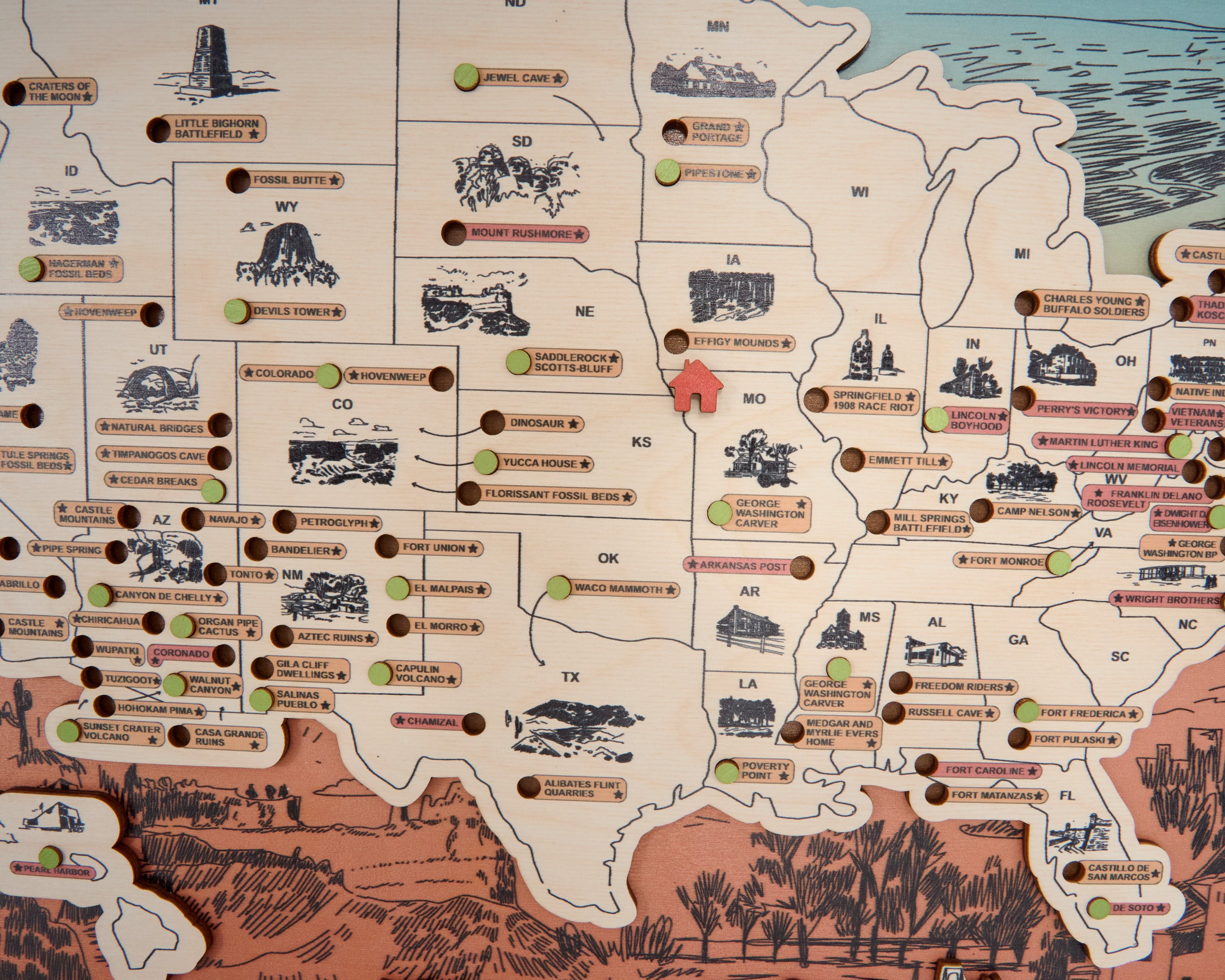 US Wooden National Monuments & Memorials Travel Map With Pins To Record Visits (Orange Design)