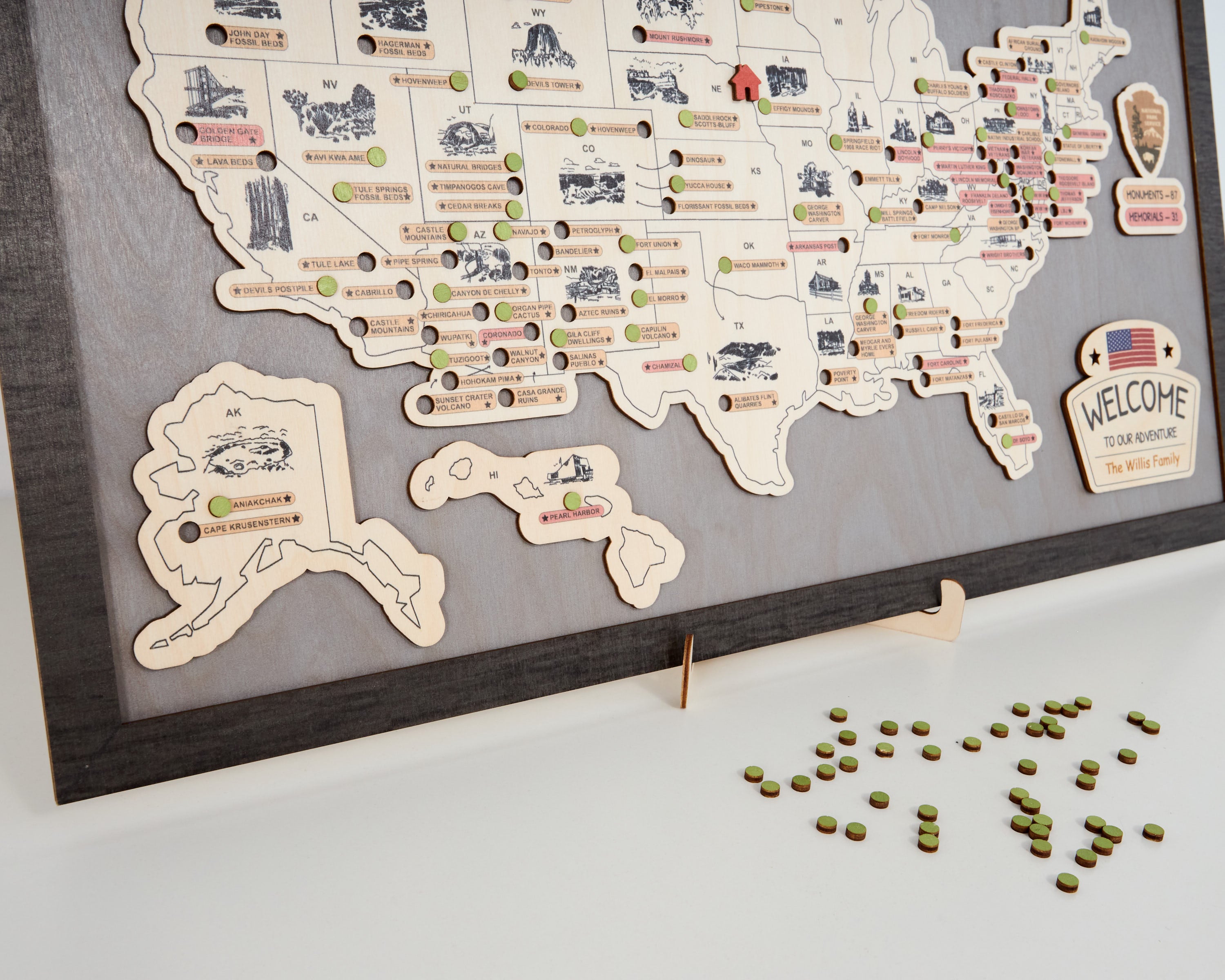 US Wooden National Monuments & Memorials Travel Map With Pins To Record Visits (Light Grey)