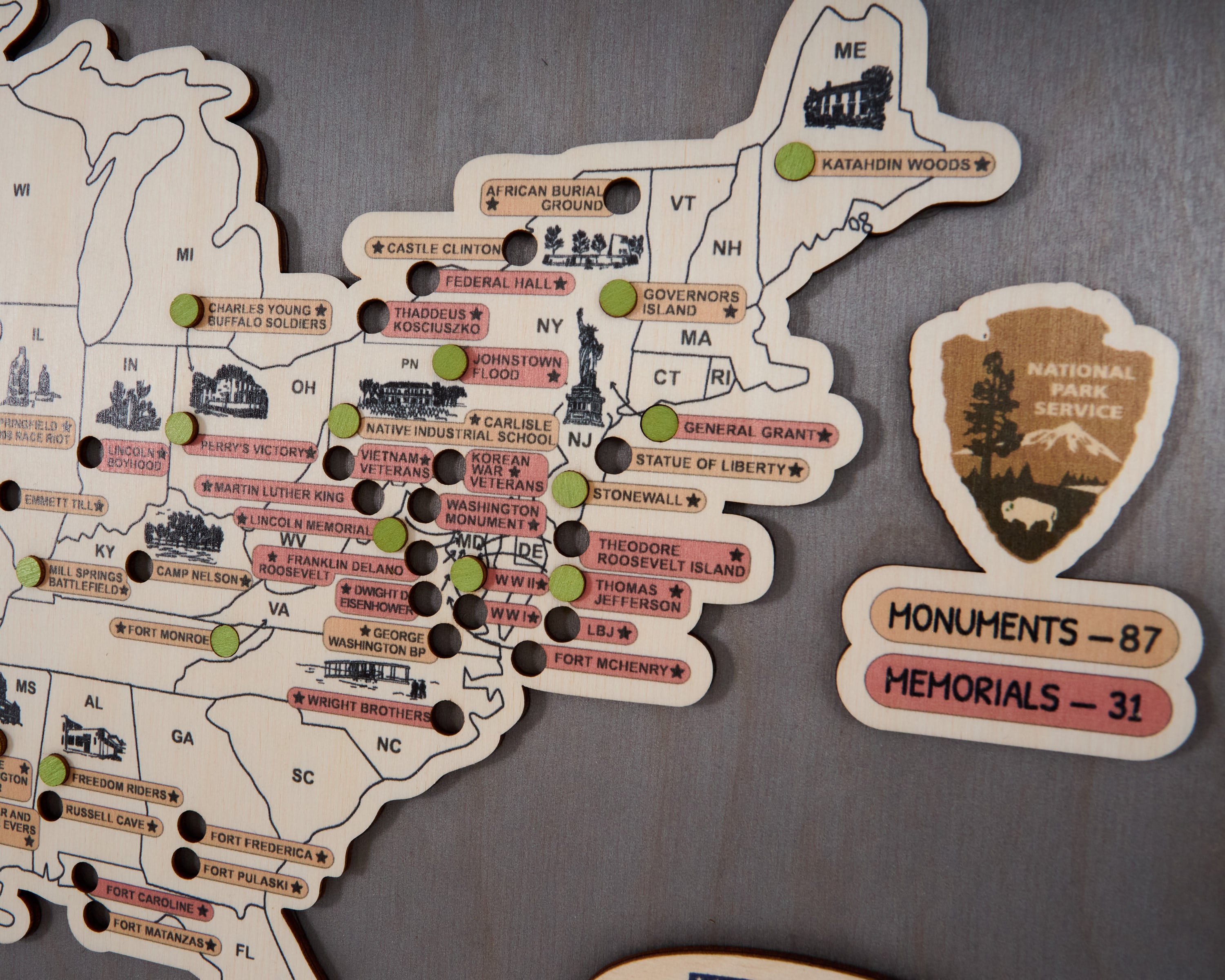 US Wooden National Monuments & Memorials Travel Map With Pins To Record Visits (Light Grey)