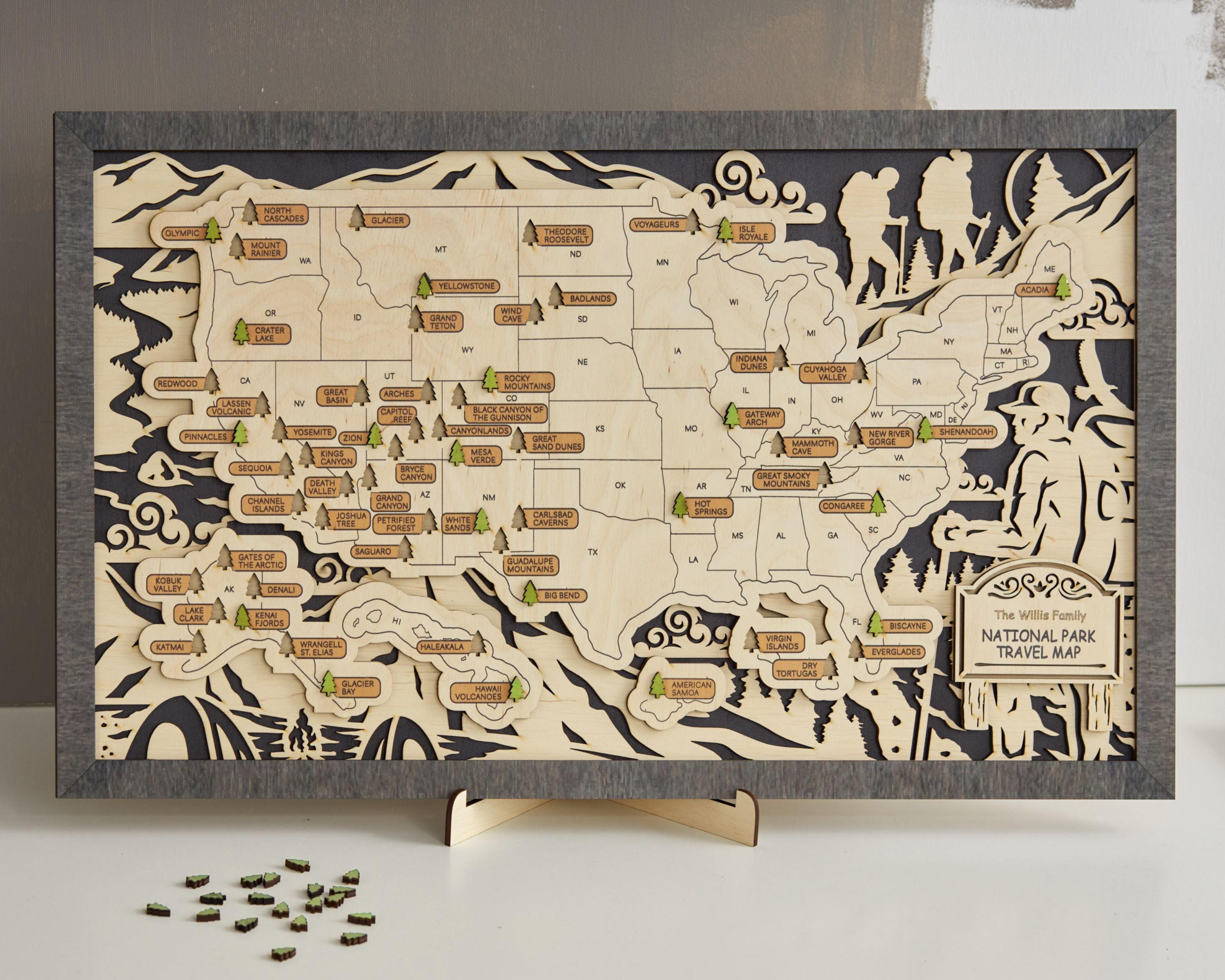 US 3D Wooden National Parks Travel Map With Trees To Record Park Visits (Hiking Design) - Lemap