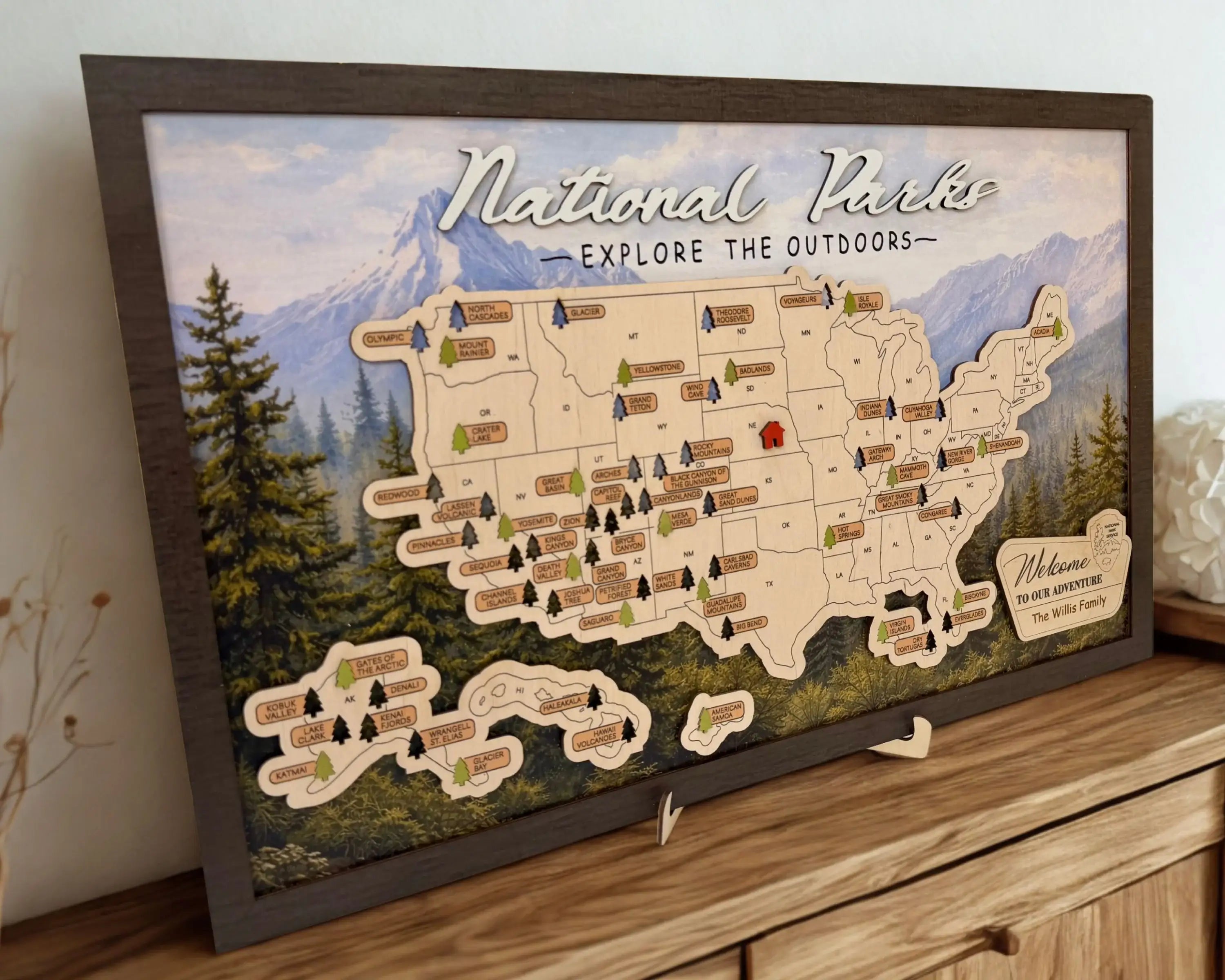US National Parks Wooden Travel Map & Visit Tracker – Landscape Edition (Mountain)