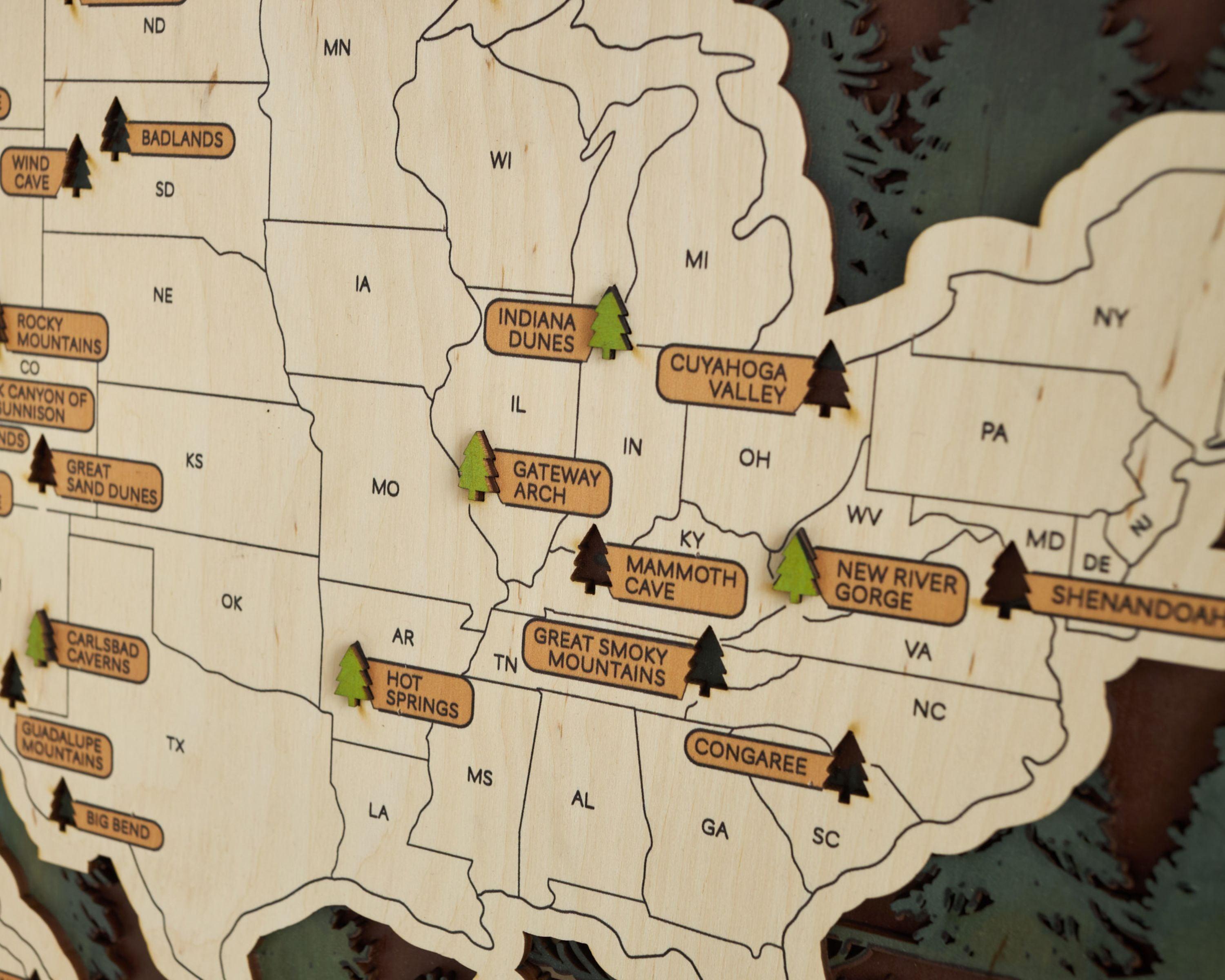 US 3D Wooden National Parks Travel Map With Trees To Record Park Visits (1 Design) - Lemap
